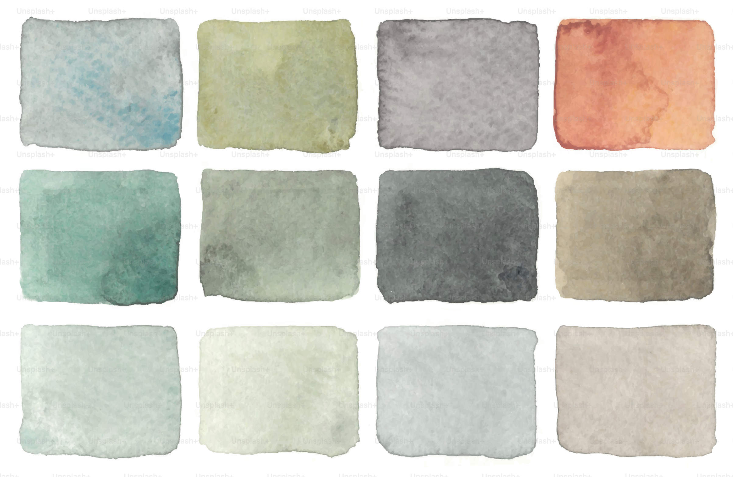 Zwölf Aquarellquadrate in gedeckten Erdtönen.