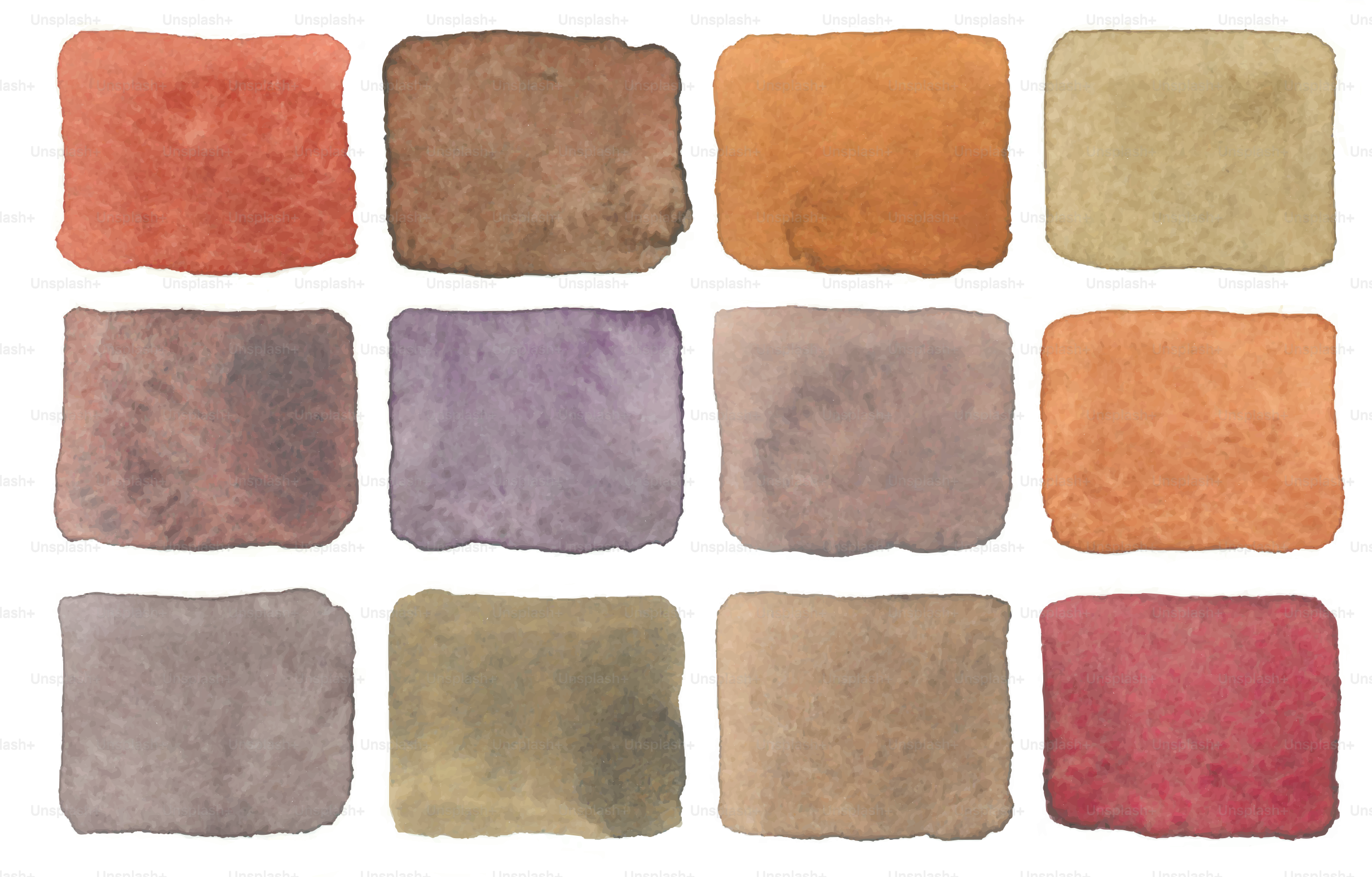 Twelve watercolor squares in various earthy tones.