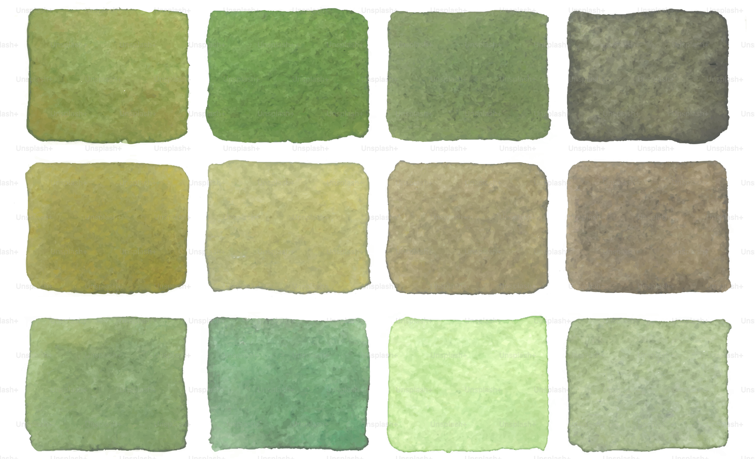 Twelve squares of varying shades of green.