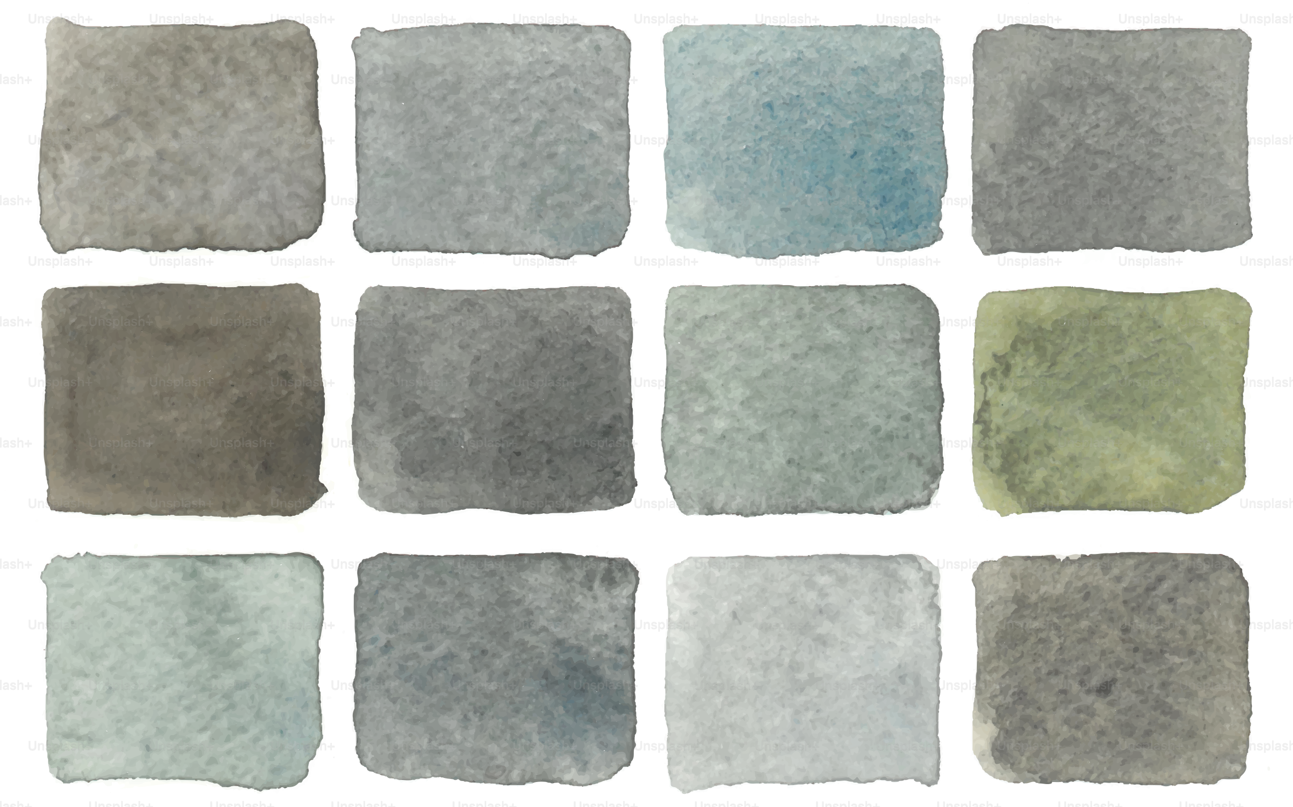 Twelve watercolor squares in various muted colors