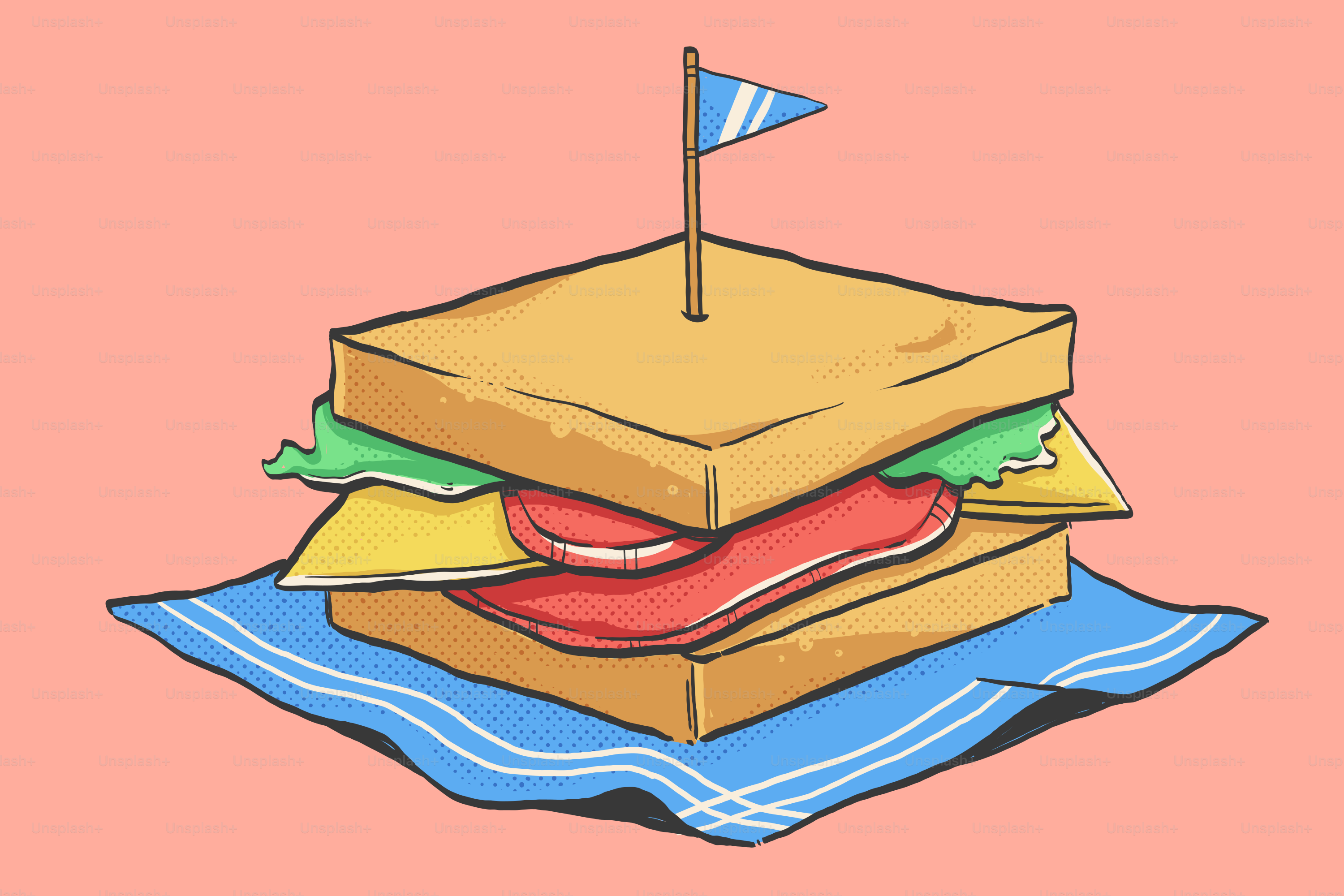 Sandwich dengan ham, keju, dan selada di atas serbet.