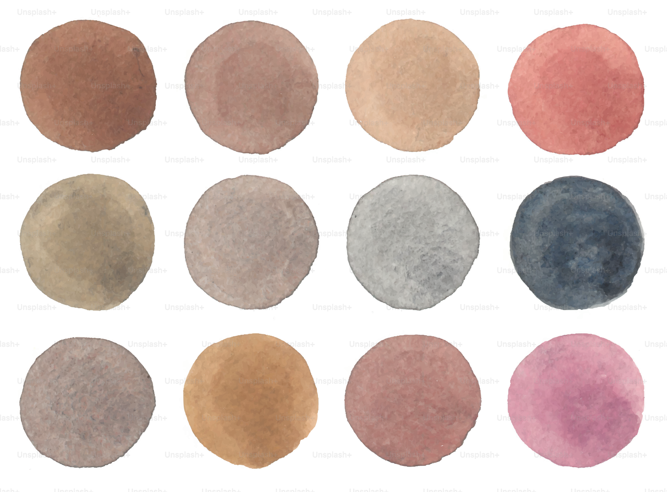 Twelve round swatches of earthy and pastel makeup colors.