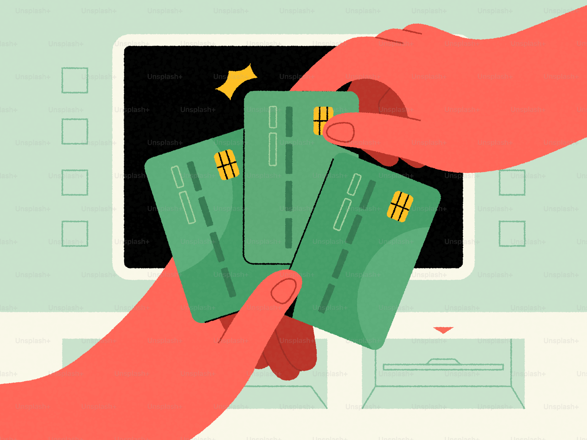 Hands exchanging credit cards at an atm