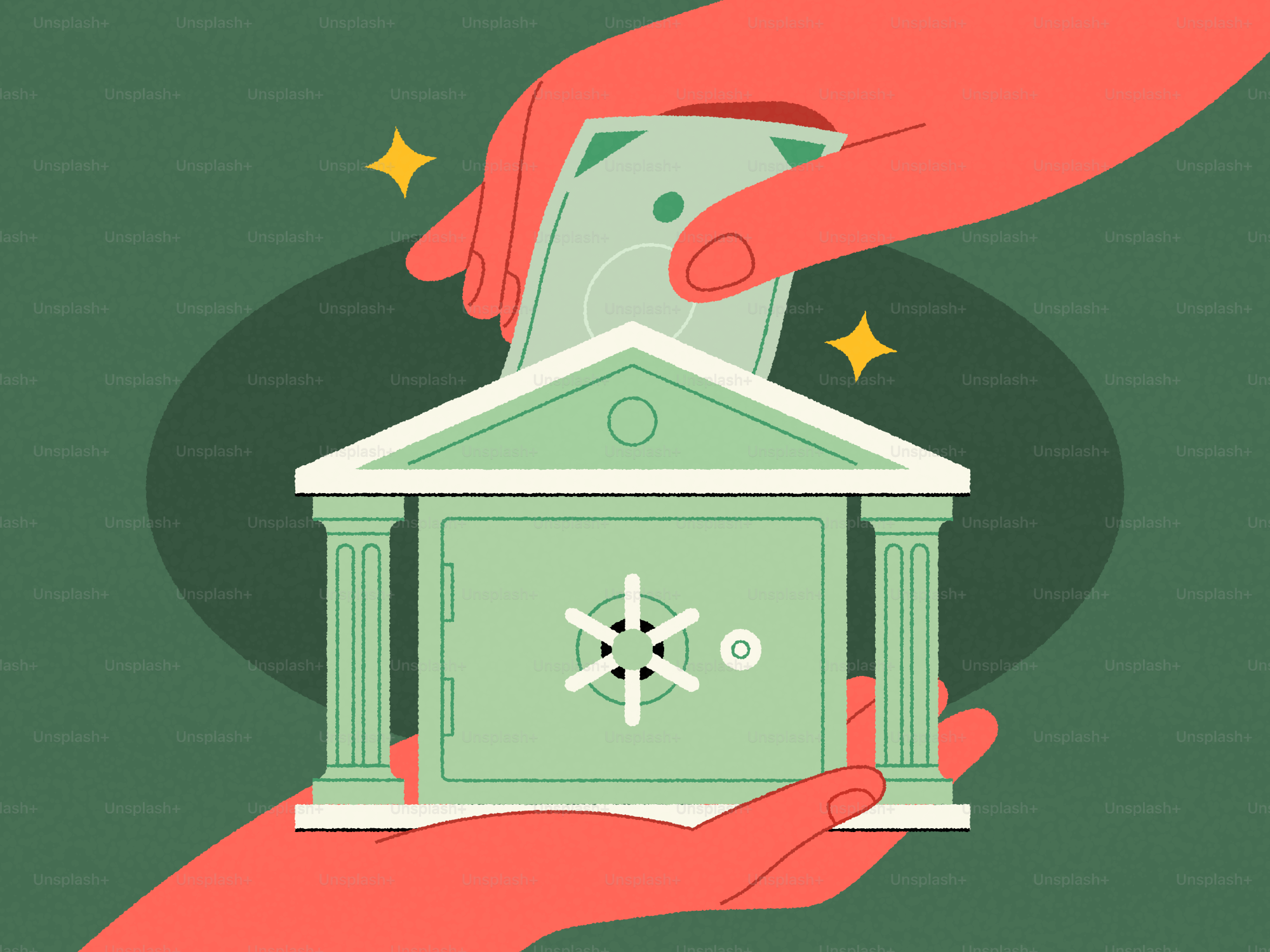 Hands depositing money into a bank vault.
