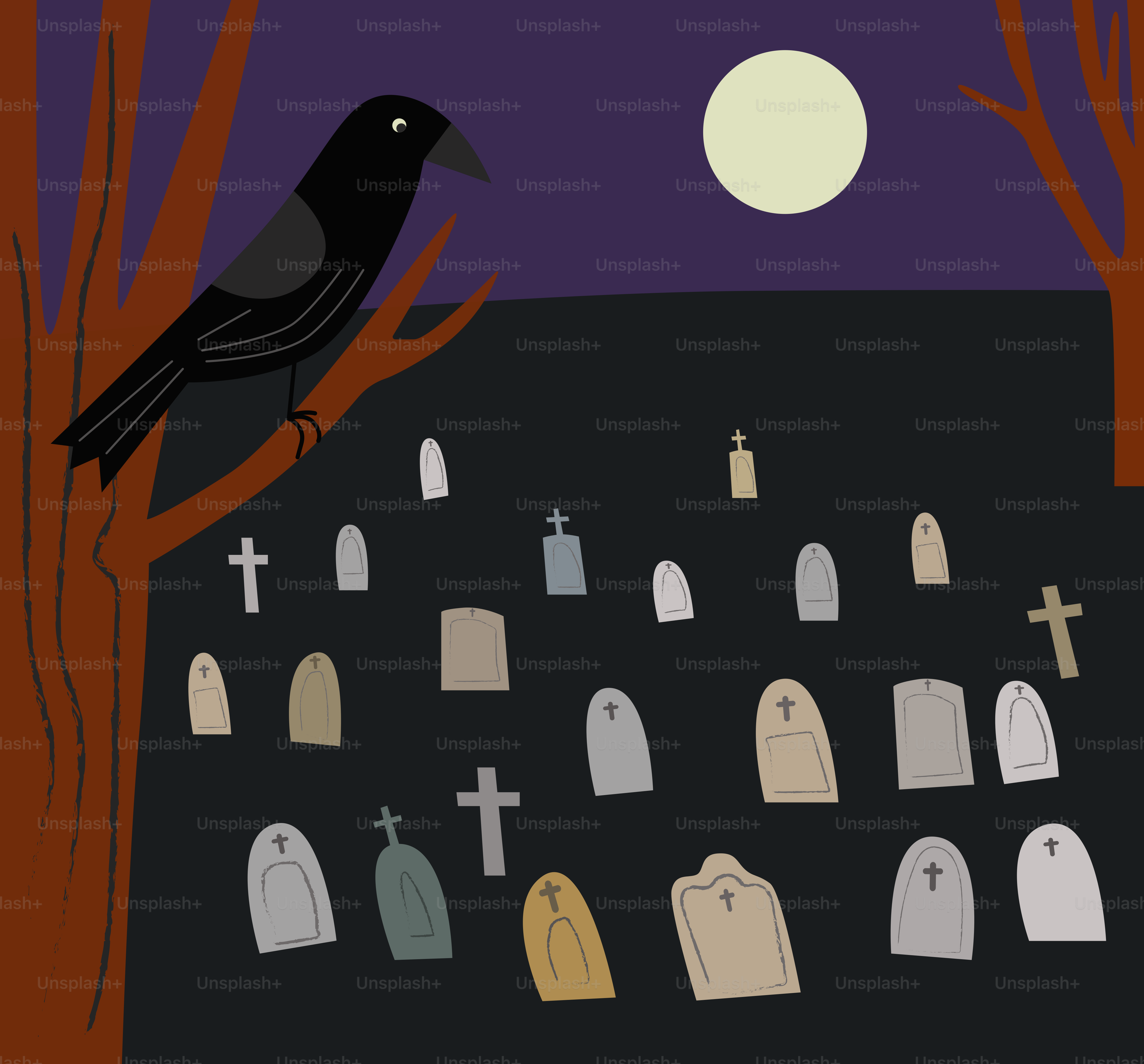 A crow sits on a branch overlooking a graveyard at night.