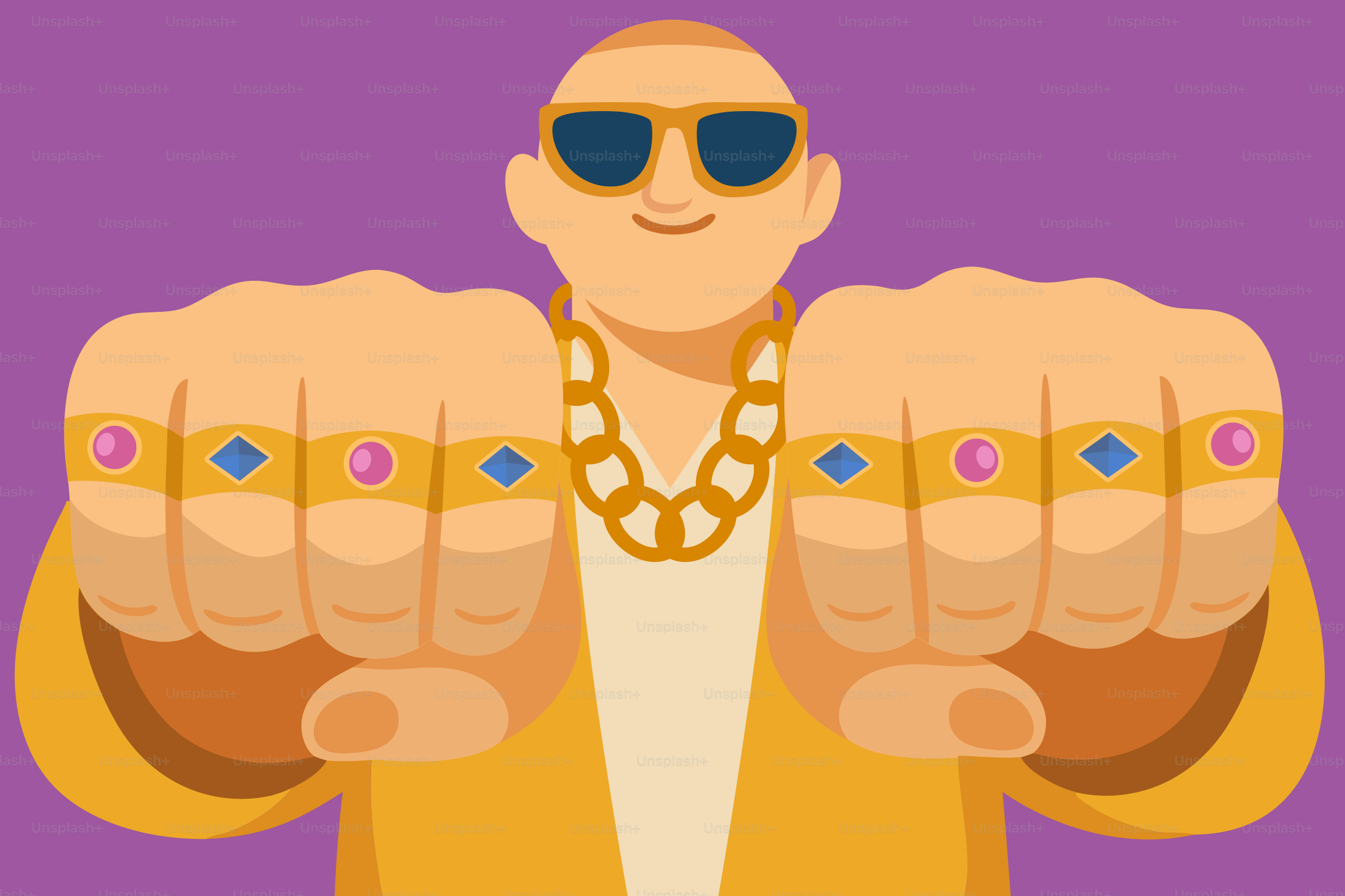 Mann mit Goldkette und Ringen, die Fäuste zeigen