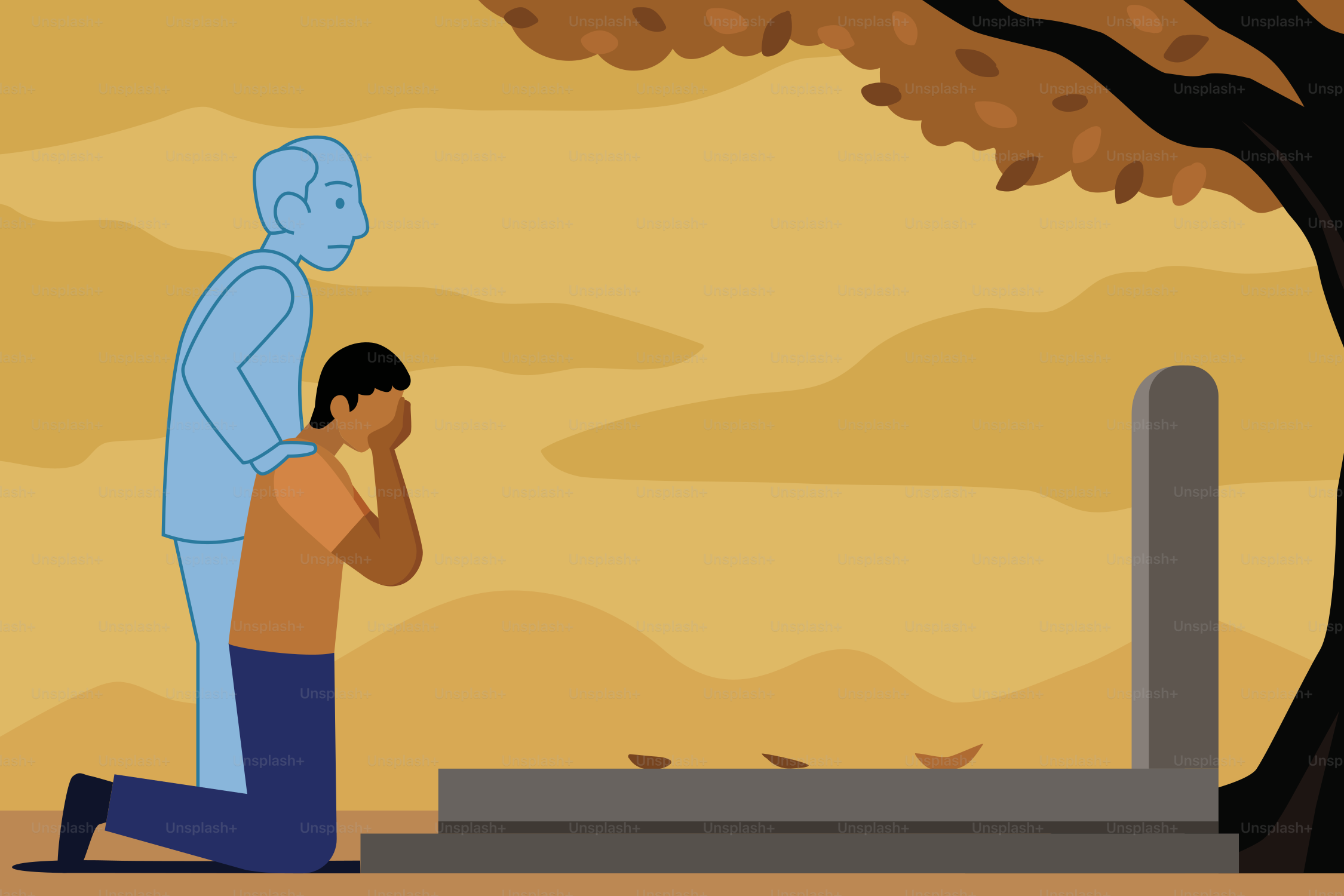 Man mourning at grave with comforting spirit nearby spirit