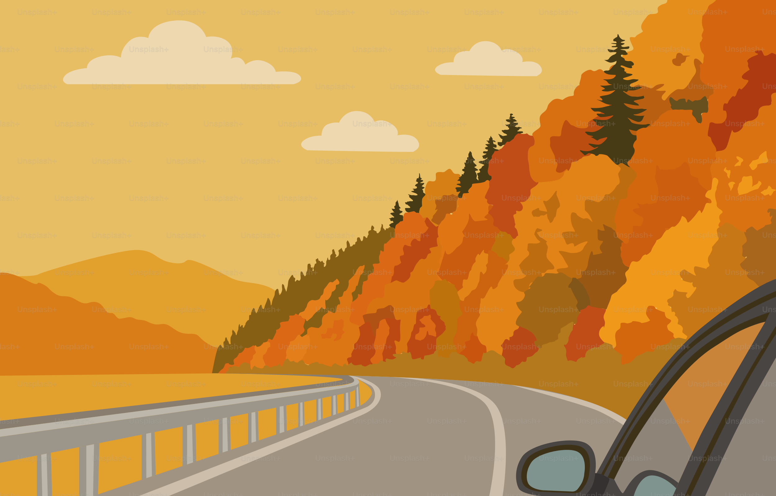 Roadside view of autumn trees and mountains