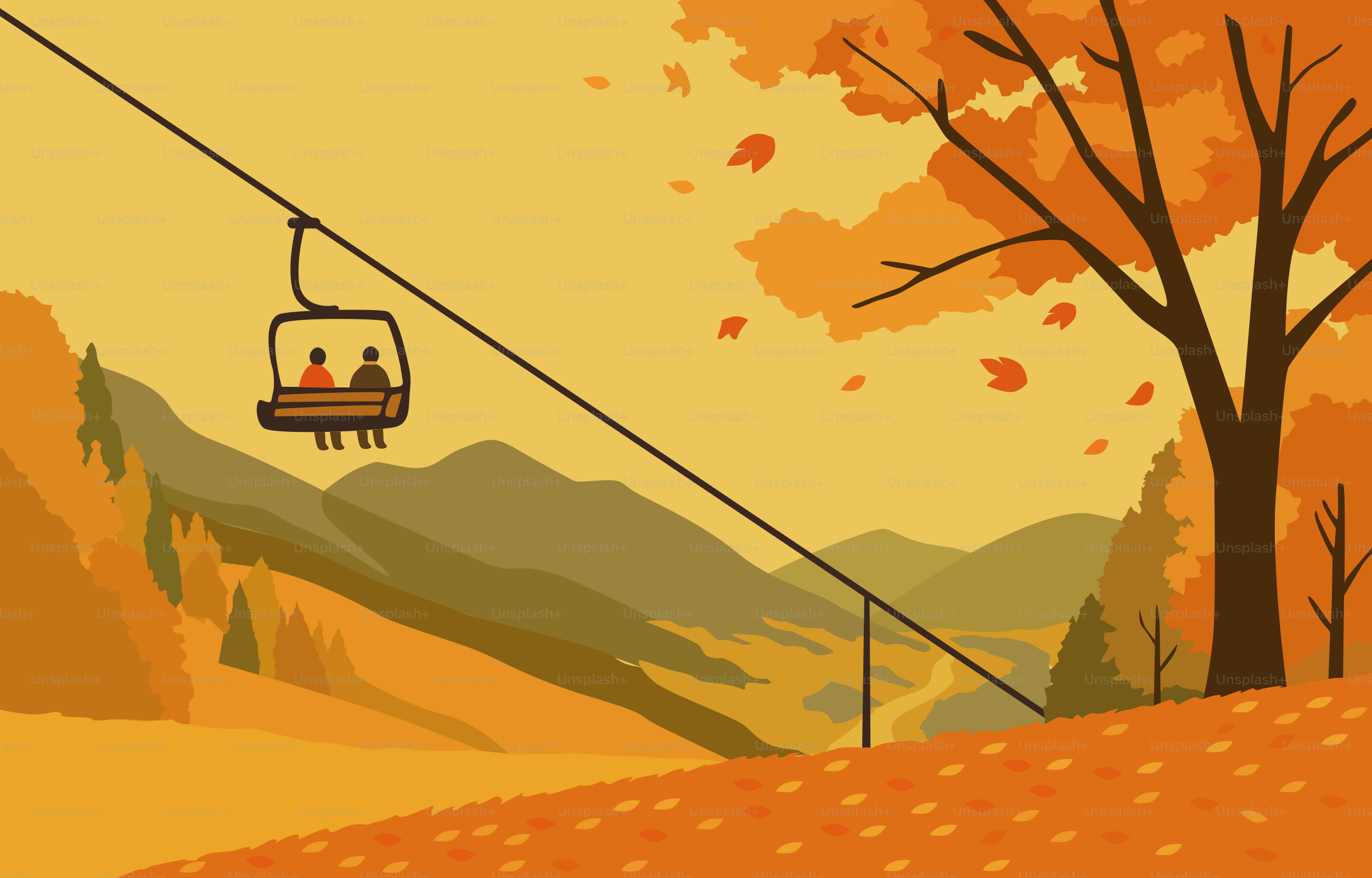 Two people ride a ski lift through autumn scenery