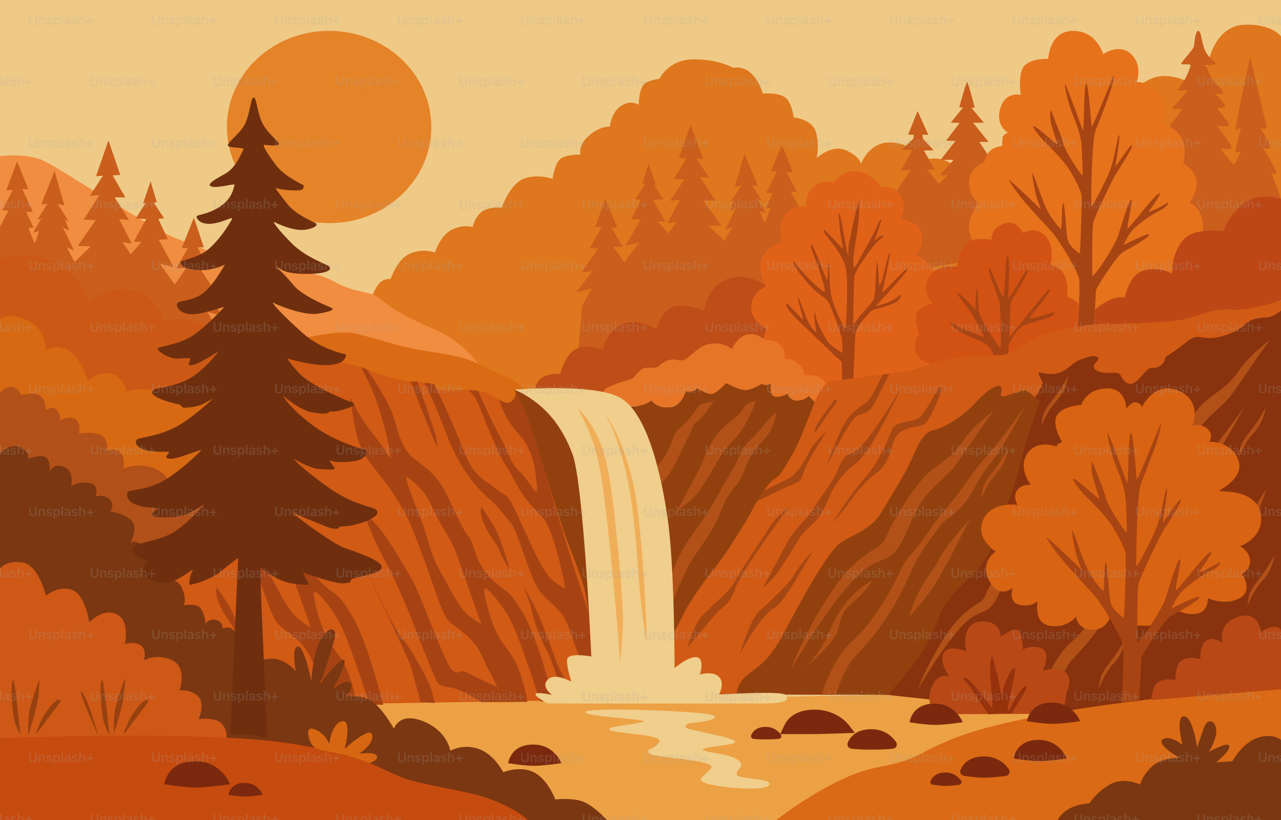 Autumn landscape with waterfall and sun