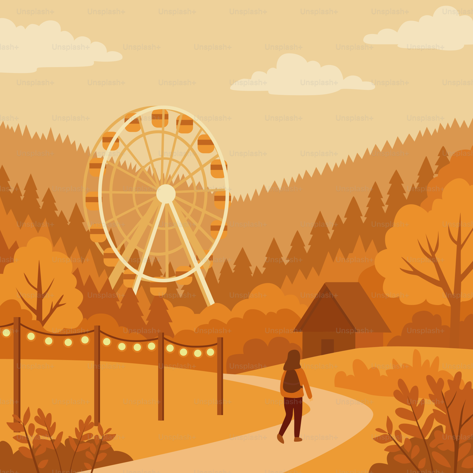 Ferris wheel and a person walking in autumn landscape.