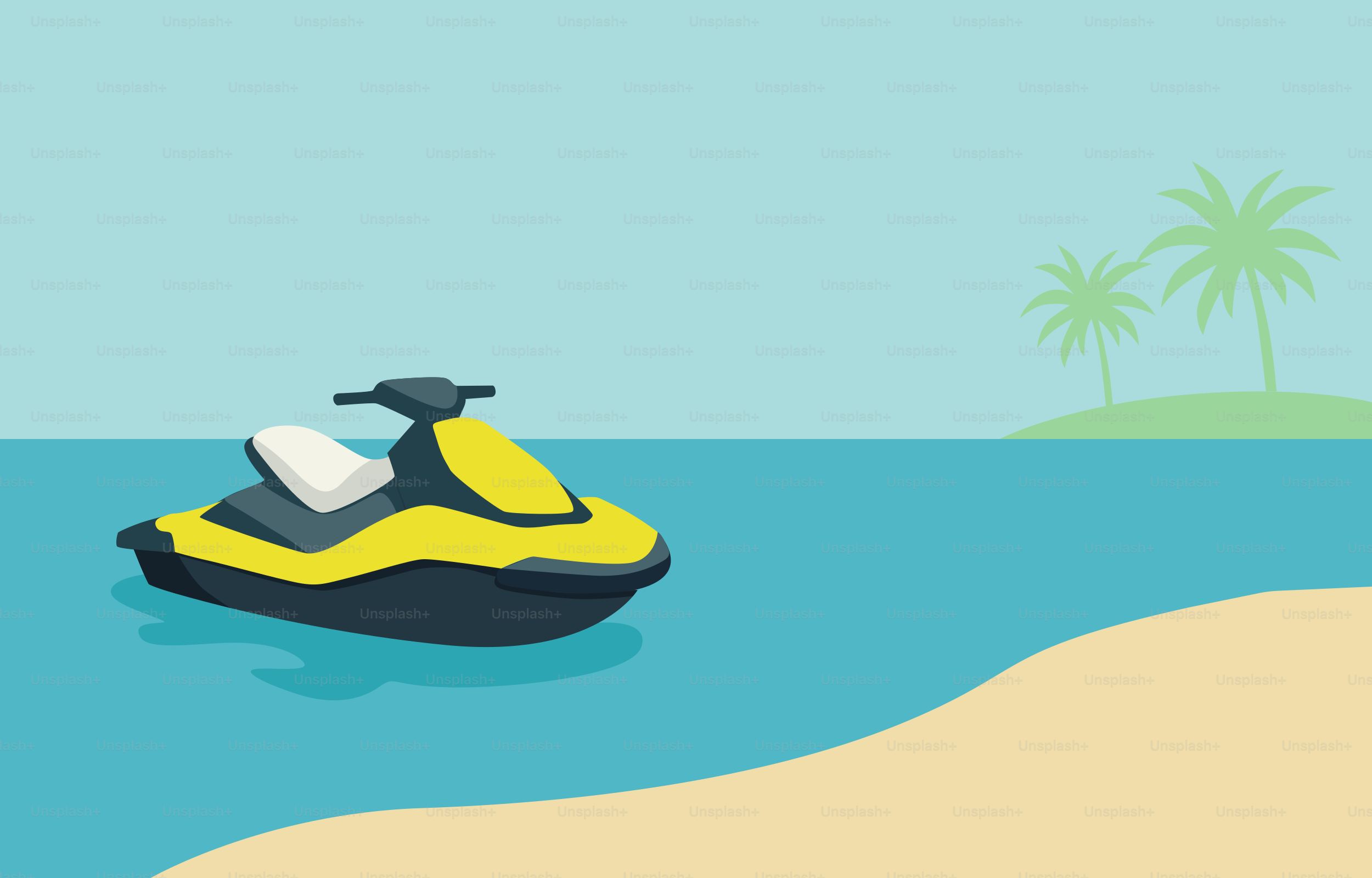 Yellow jet ski floats on calm blue water near beach