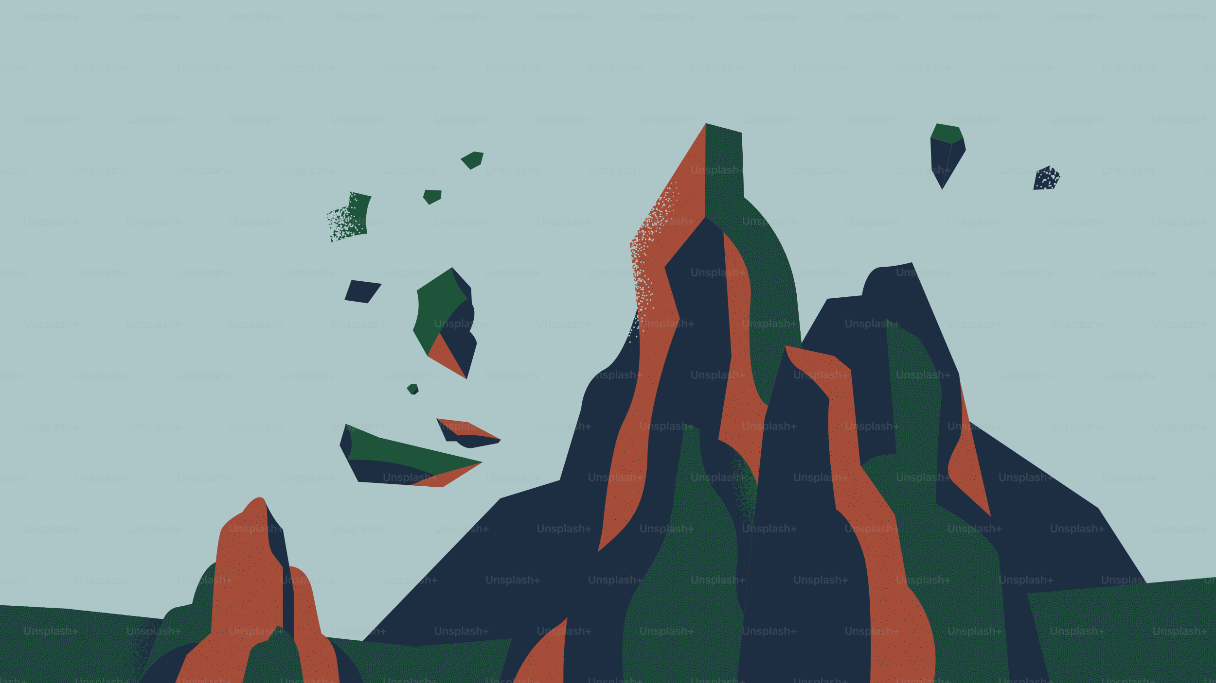 空を背景に浮かぶ岩を持つ抽象的な山々