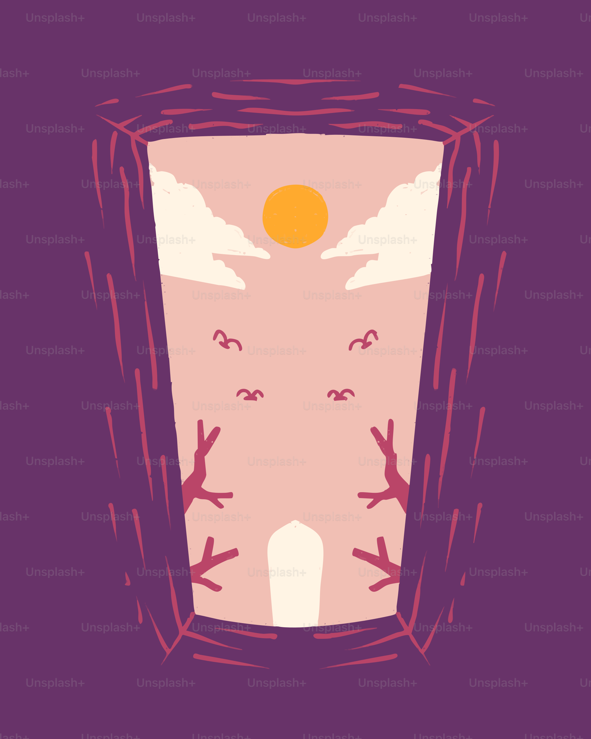 Alba stilizzata vista attraverso una porta con alberi