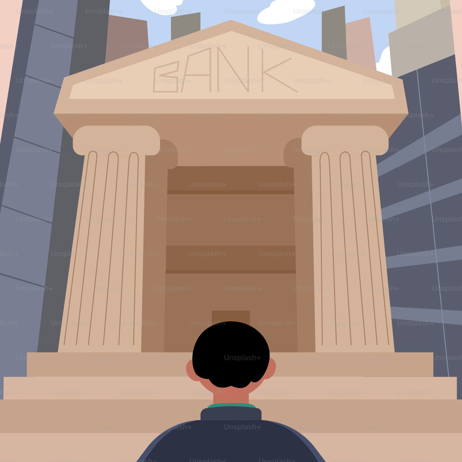 Man approaches a classical bank building entrance.