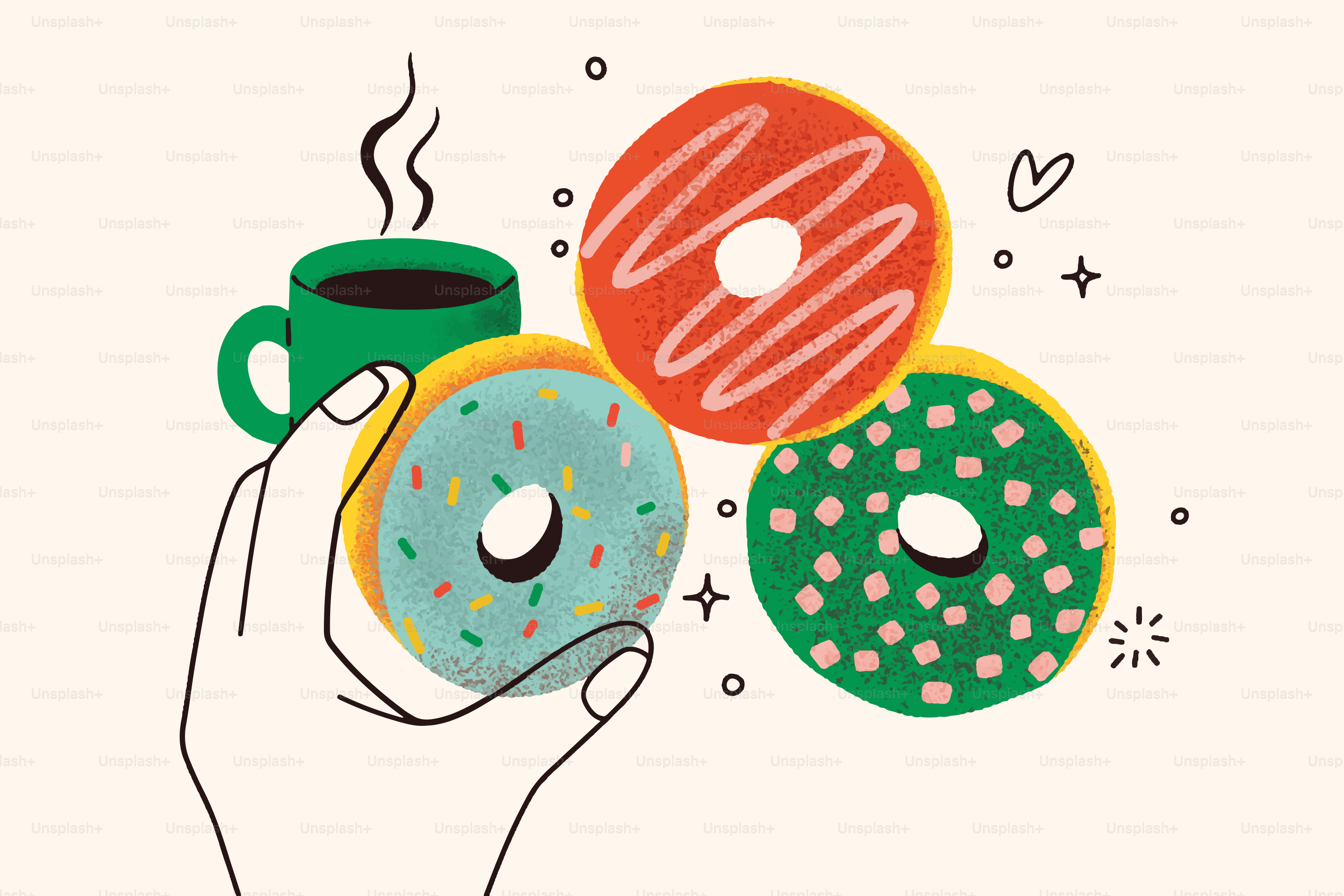 Mano tiene ciambelle colorate accanto a una tazza di caffè fumante