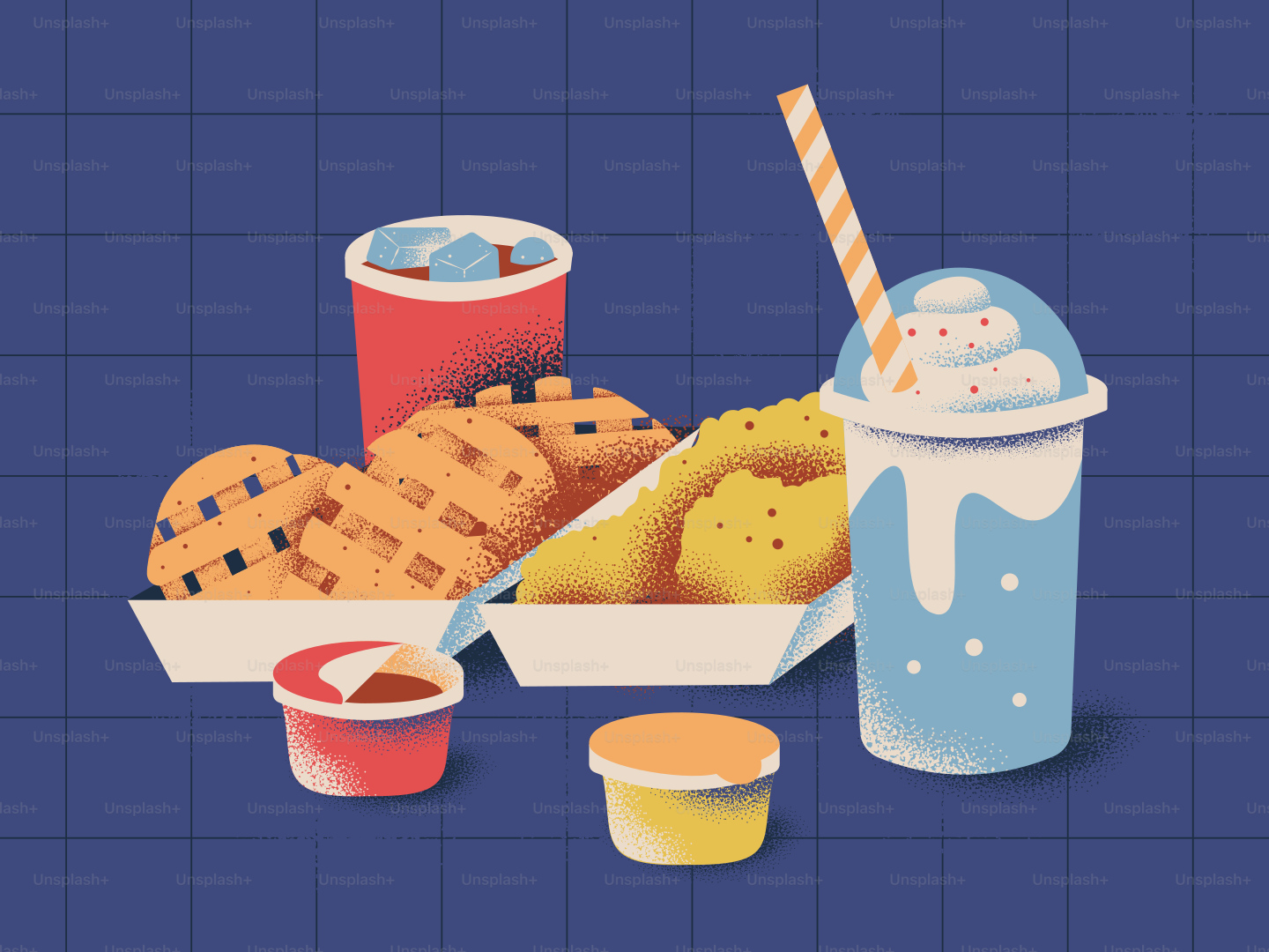 Assortment of fast food and drinks on blue background