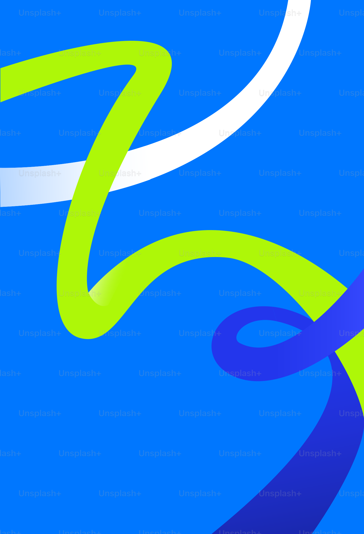 Abstract blue background with flowing white and green ribbons