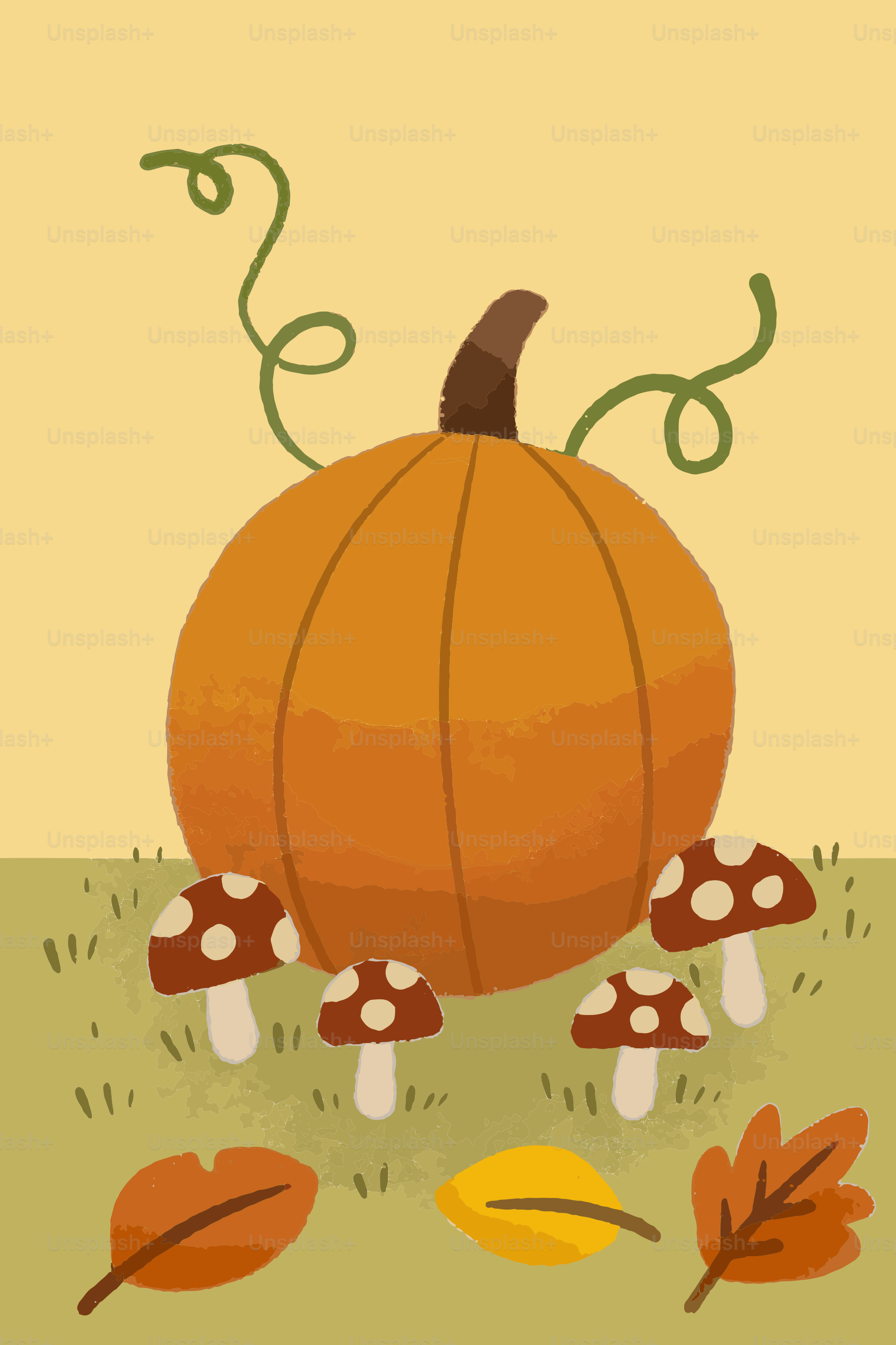 A large pumpkin with mushrooms and autumn leaves