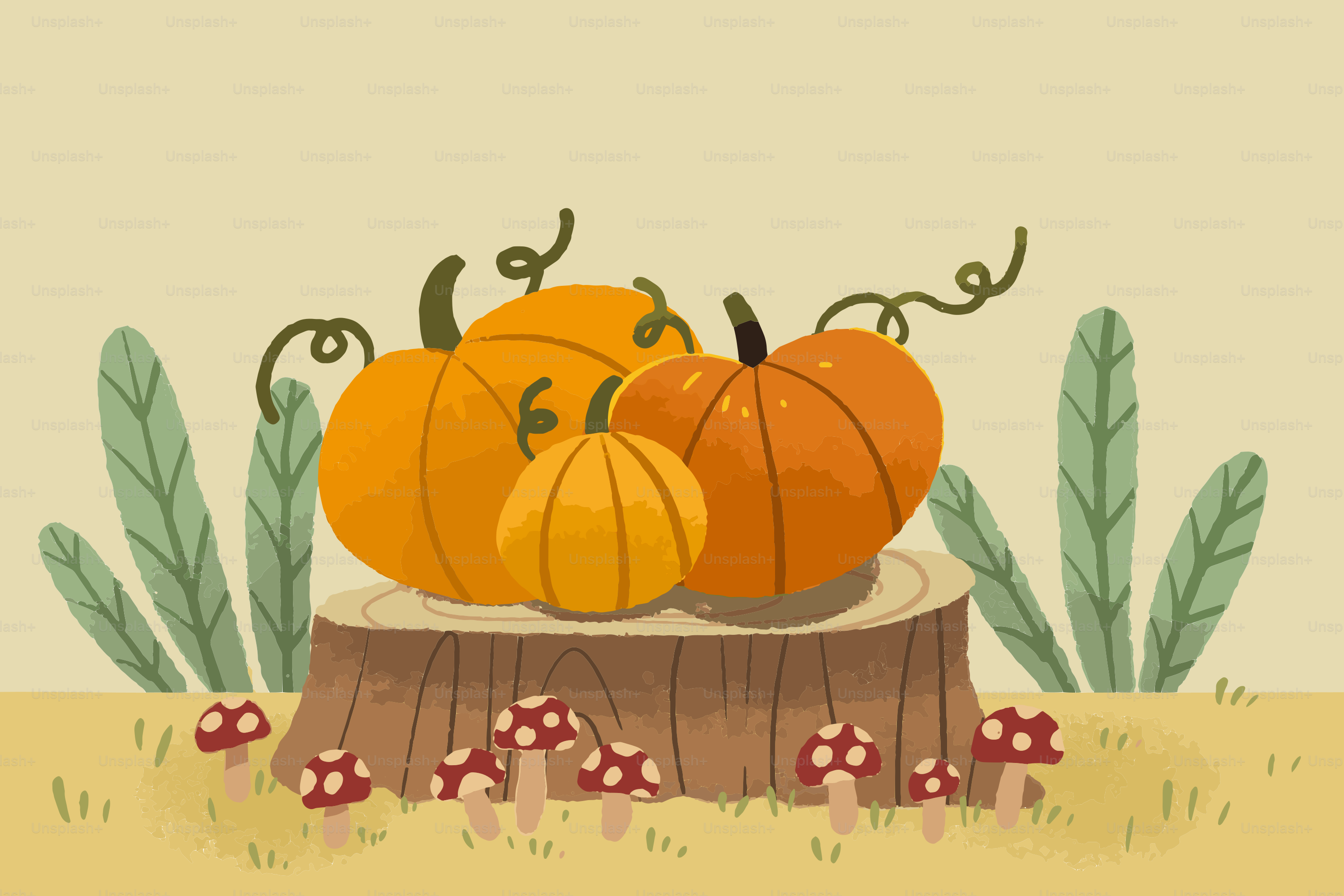 Three pumpkins on a tree stump with mushrooms.