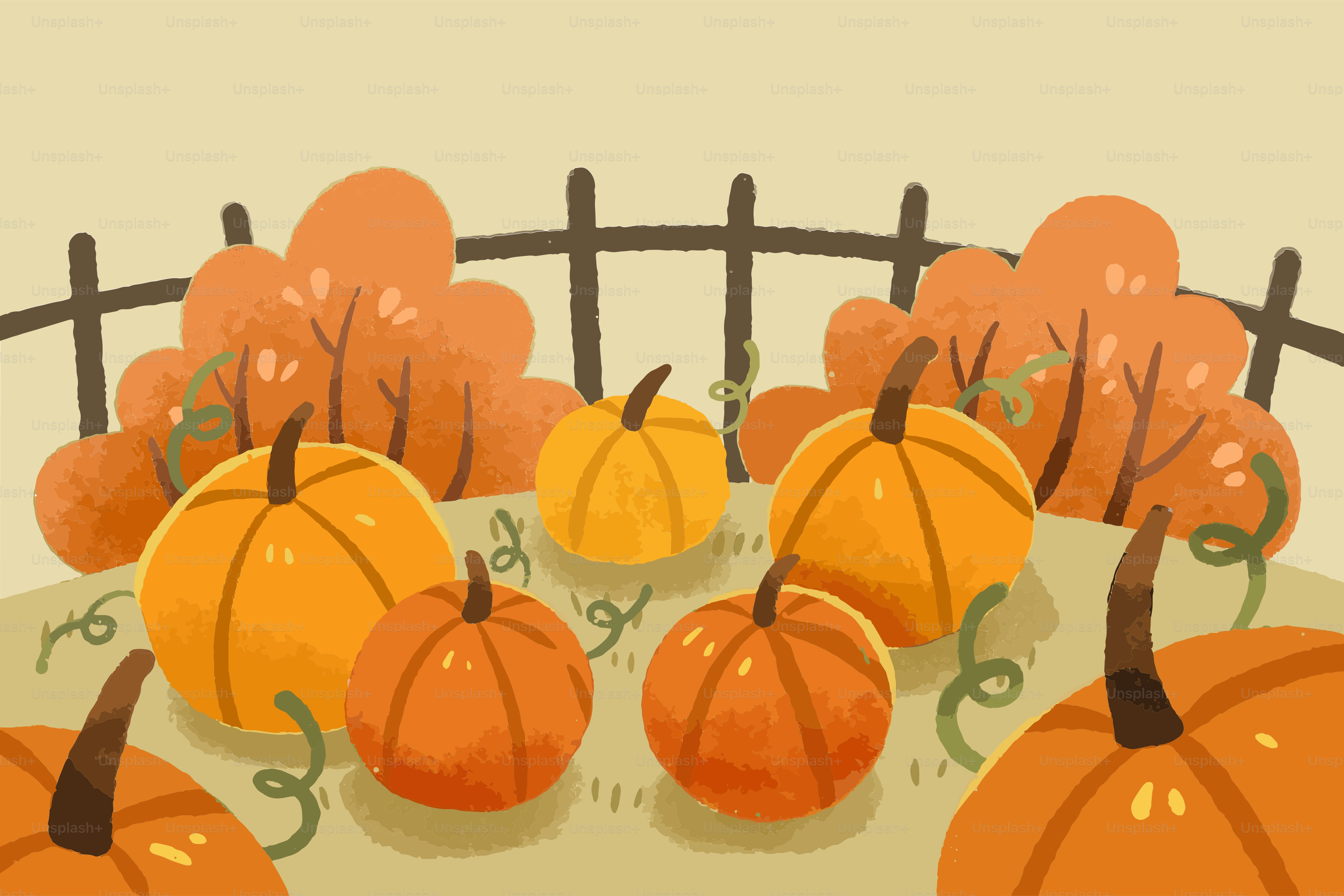 Several pumpkins in a field with autumn foliage.