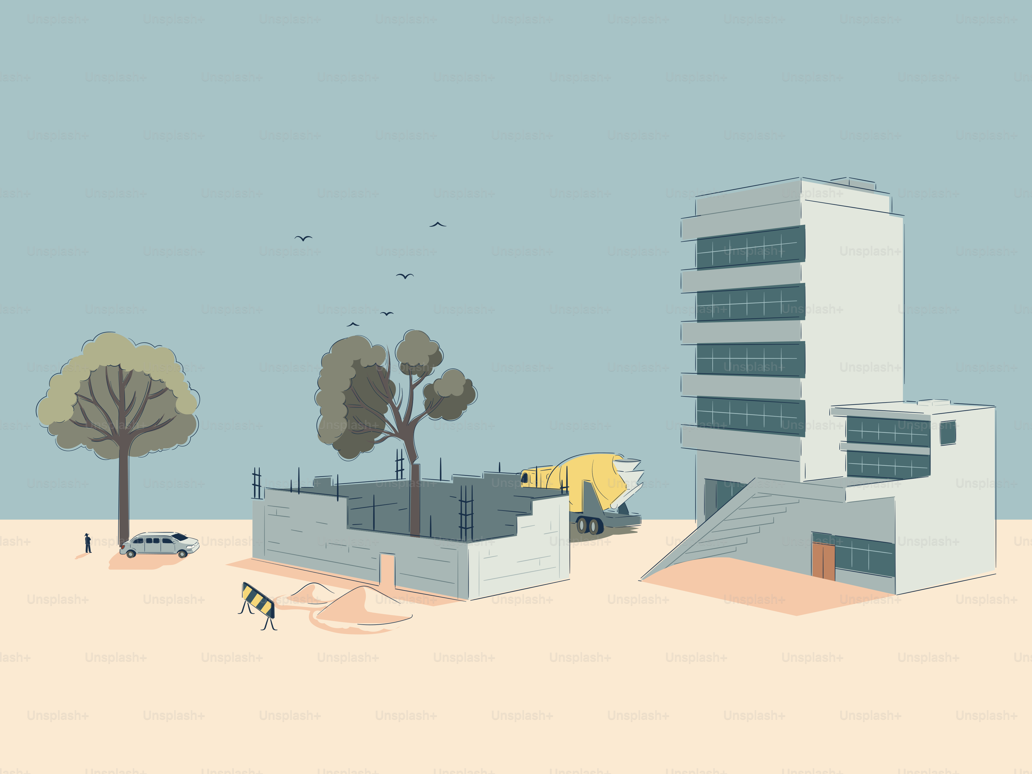 Modern building construction with trees and truck