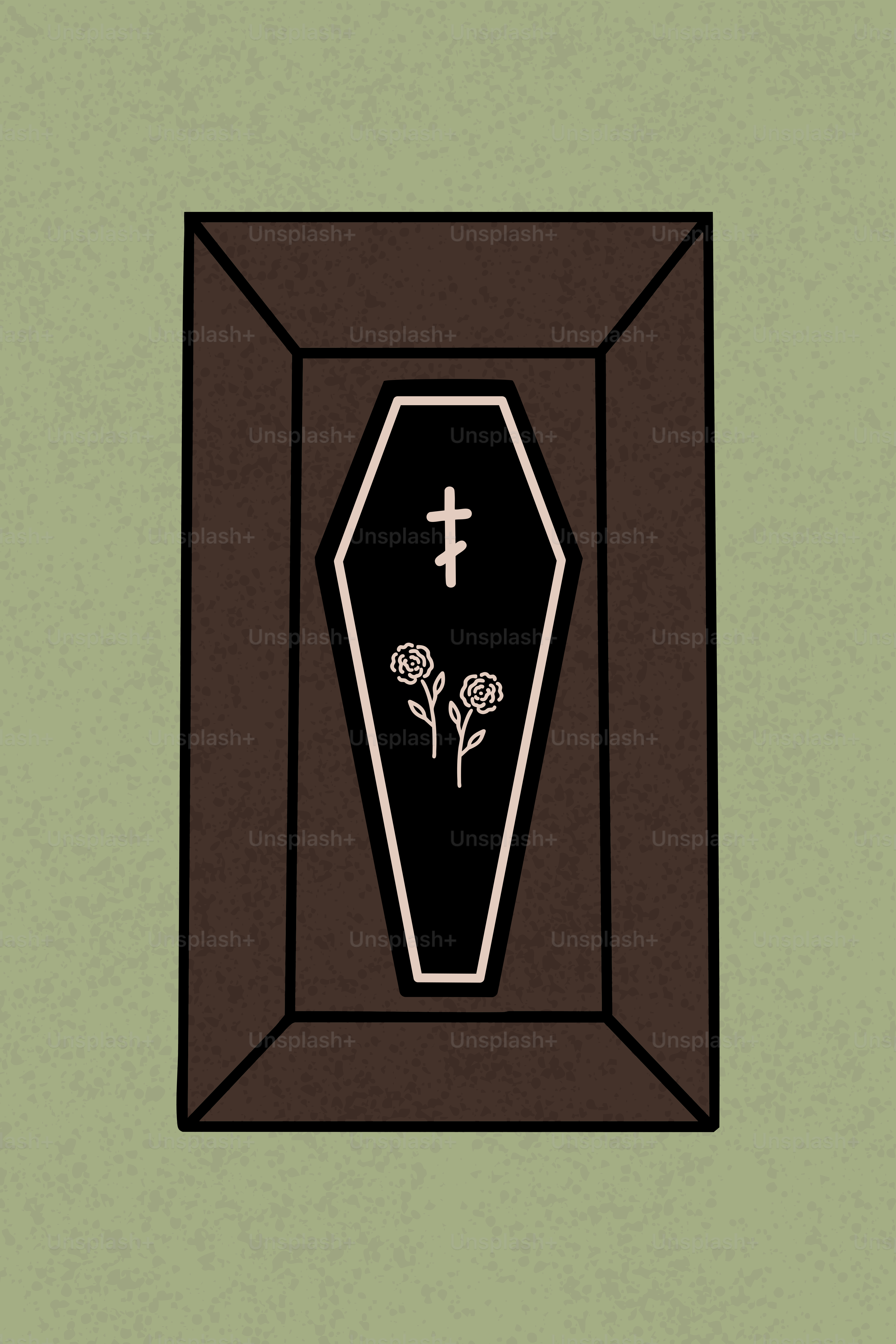 A coffin with roses and a cross