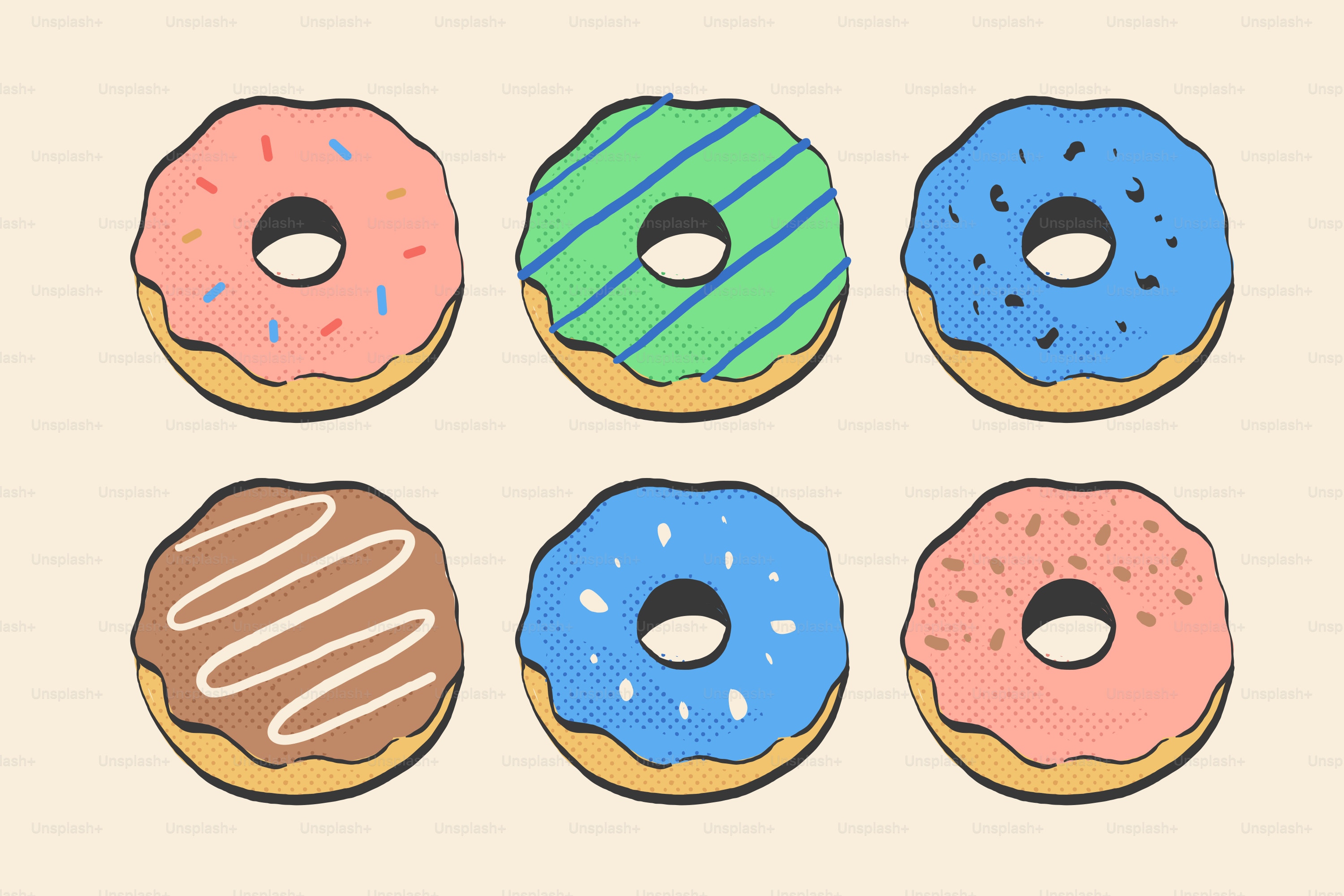 Enam donat warna-warni disusun dalam dua baris