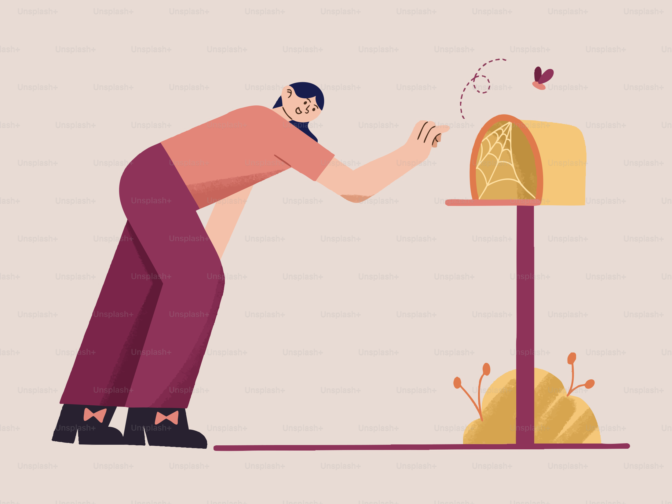 Femme cherchant une boîte aux lettres avec un papillon.