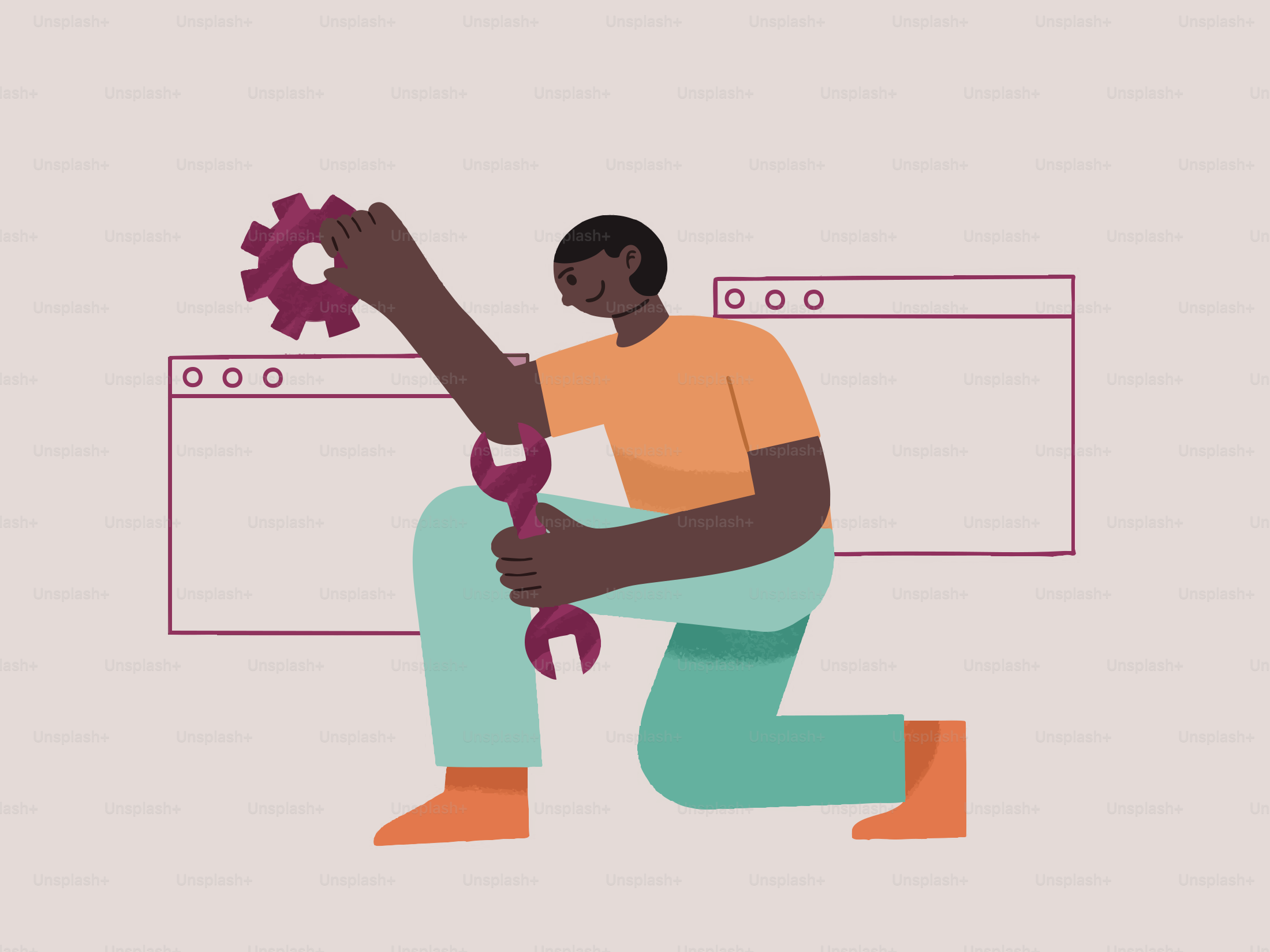 Man assembling gears with tools on a beige background