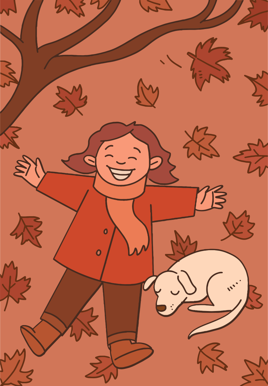 Ein glückliches Kind und ein Hund, der zwischen Herbstblättern liegt