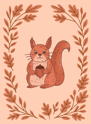 Una linda ardilla sosteniendo una bellota rodeada de hojas de otoño.