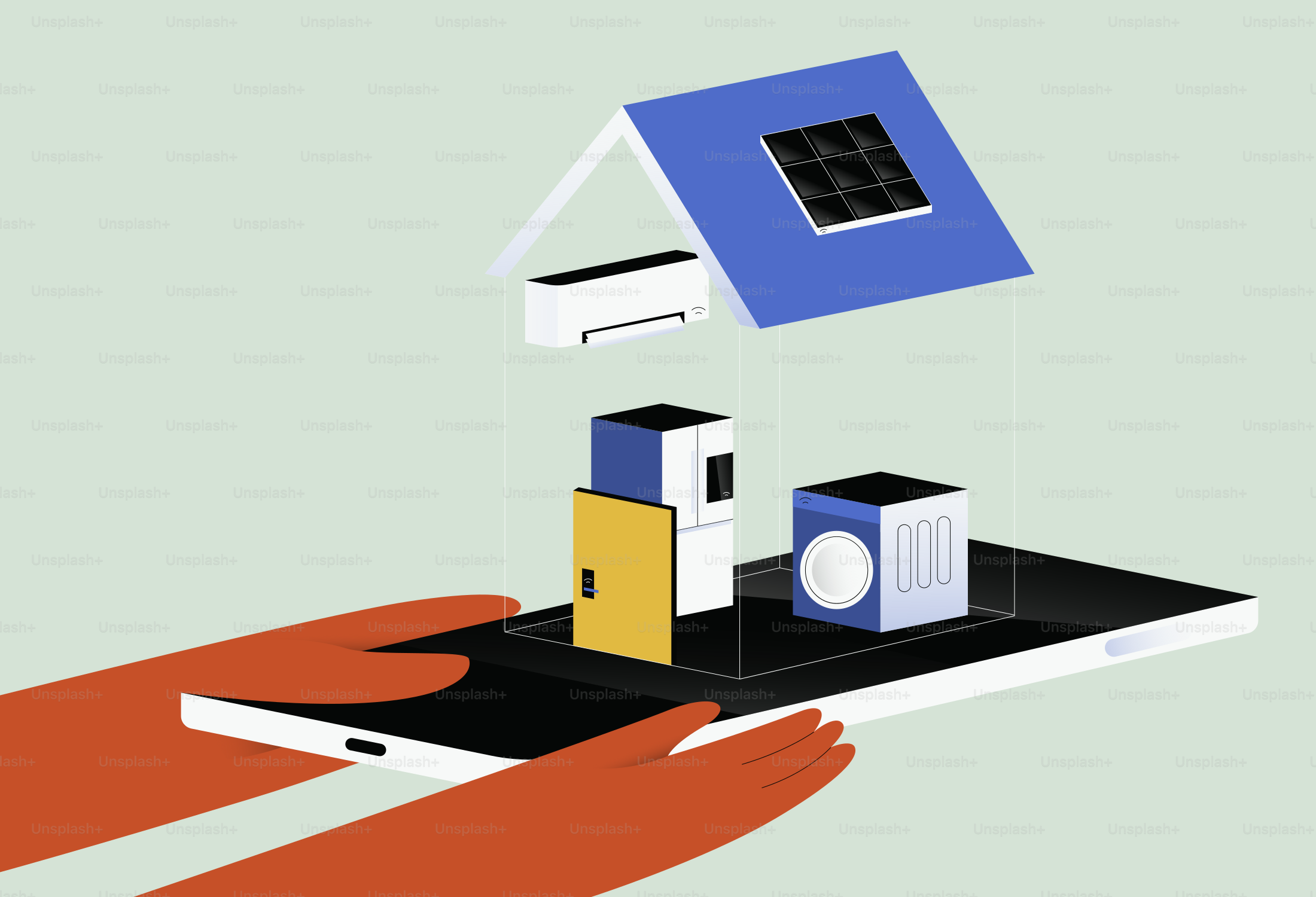 Hands hold tablet displaying smart home technology