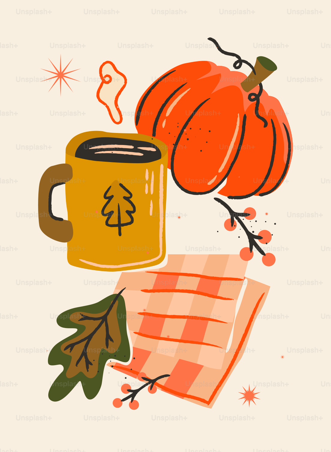 Autumnal mug, pumpkin, and leaves with checkered cloth