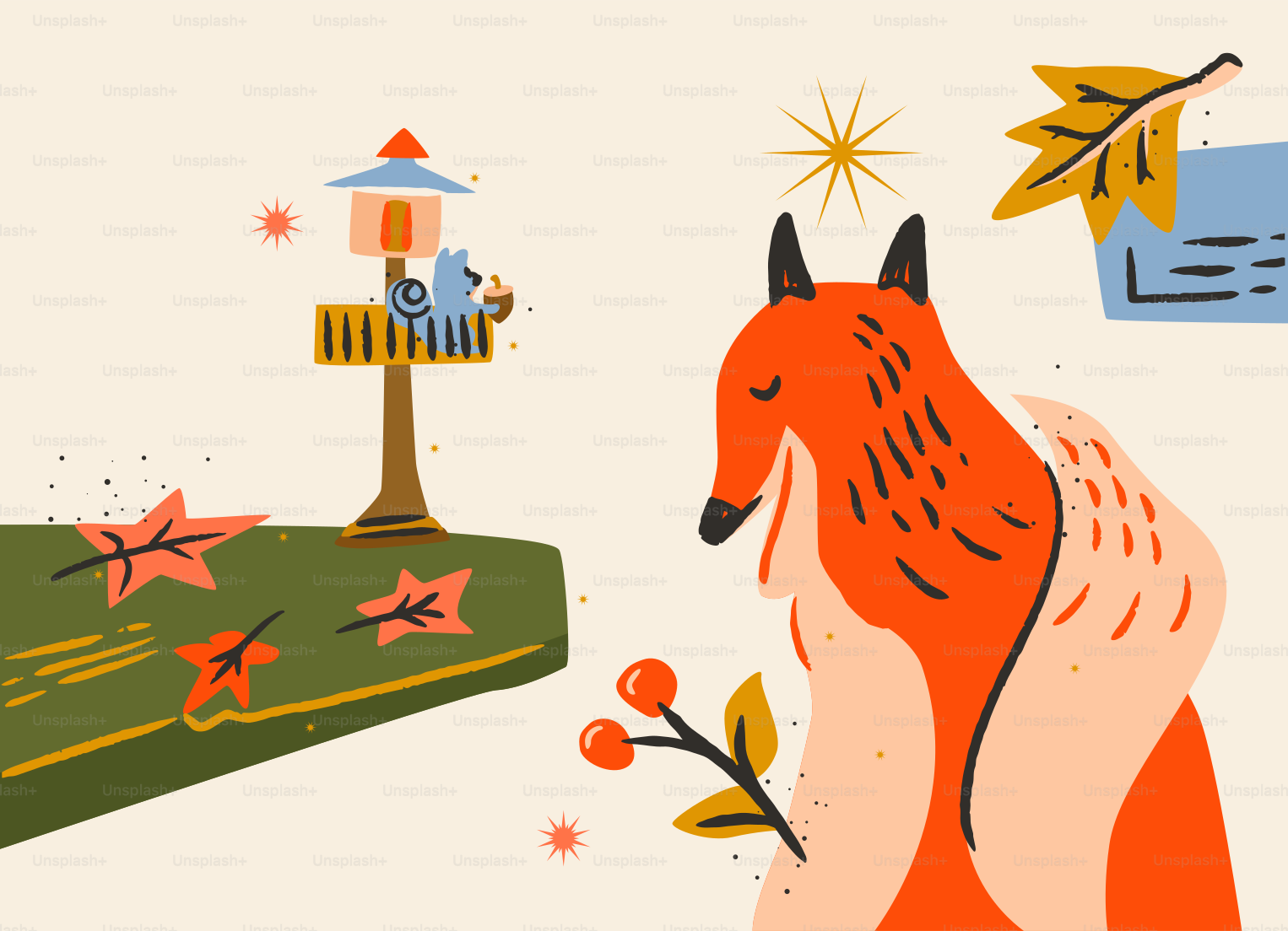 A fox looks at a bird feeder with falling leaves.