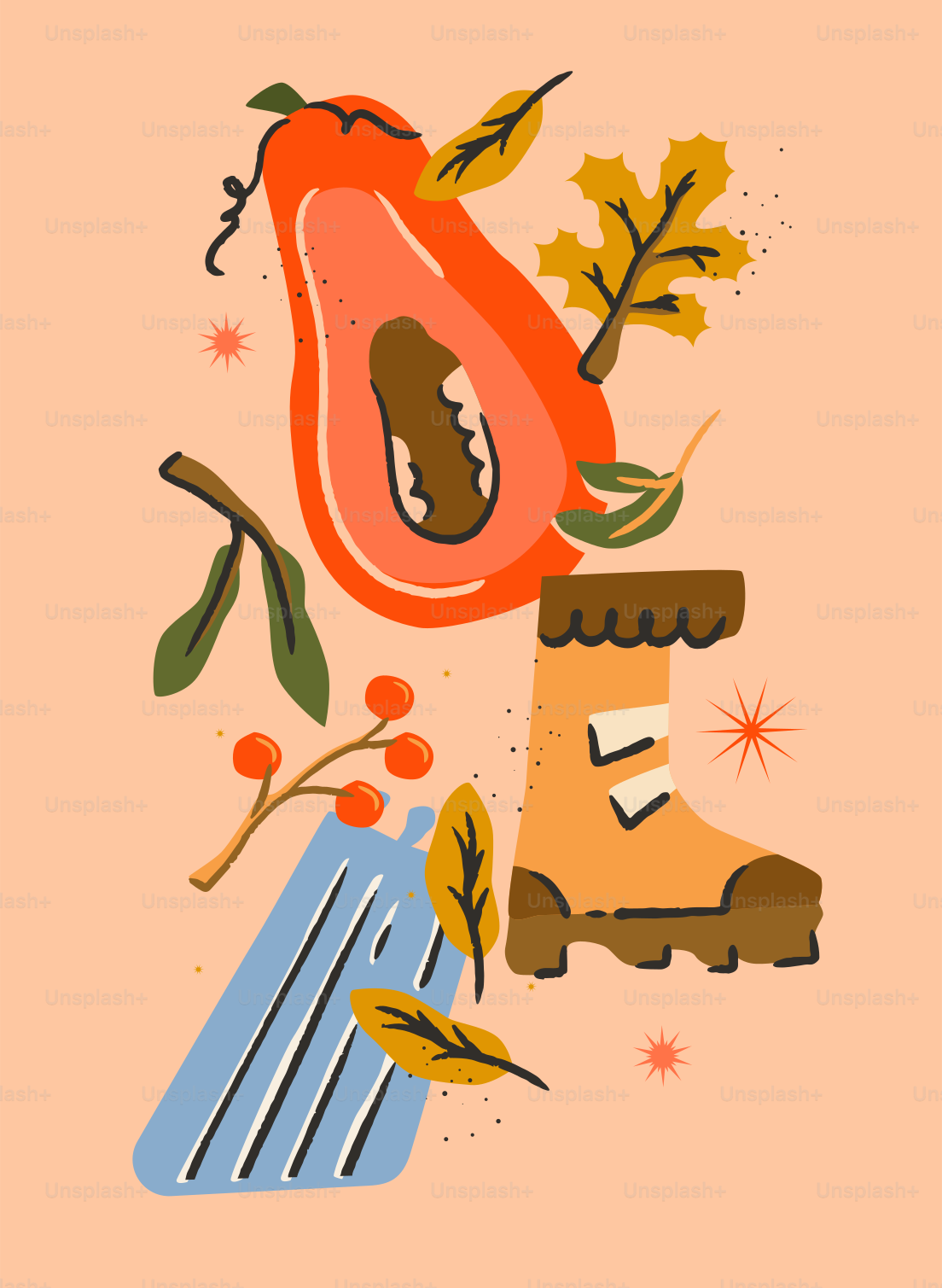 Autumn elements including pumpkin, leaves, and boot