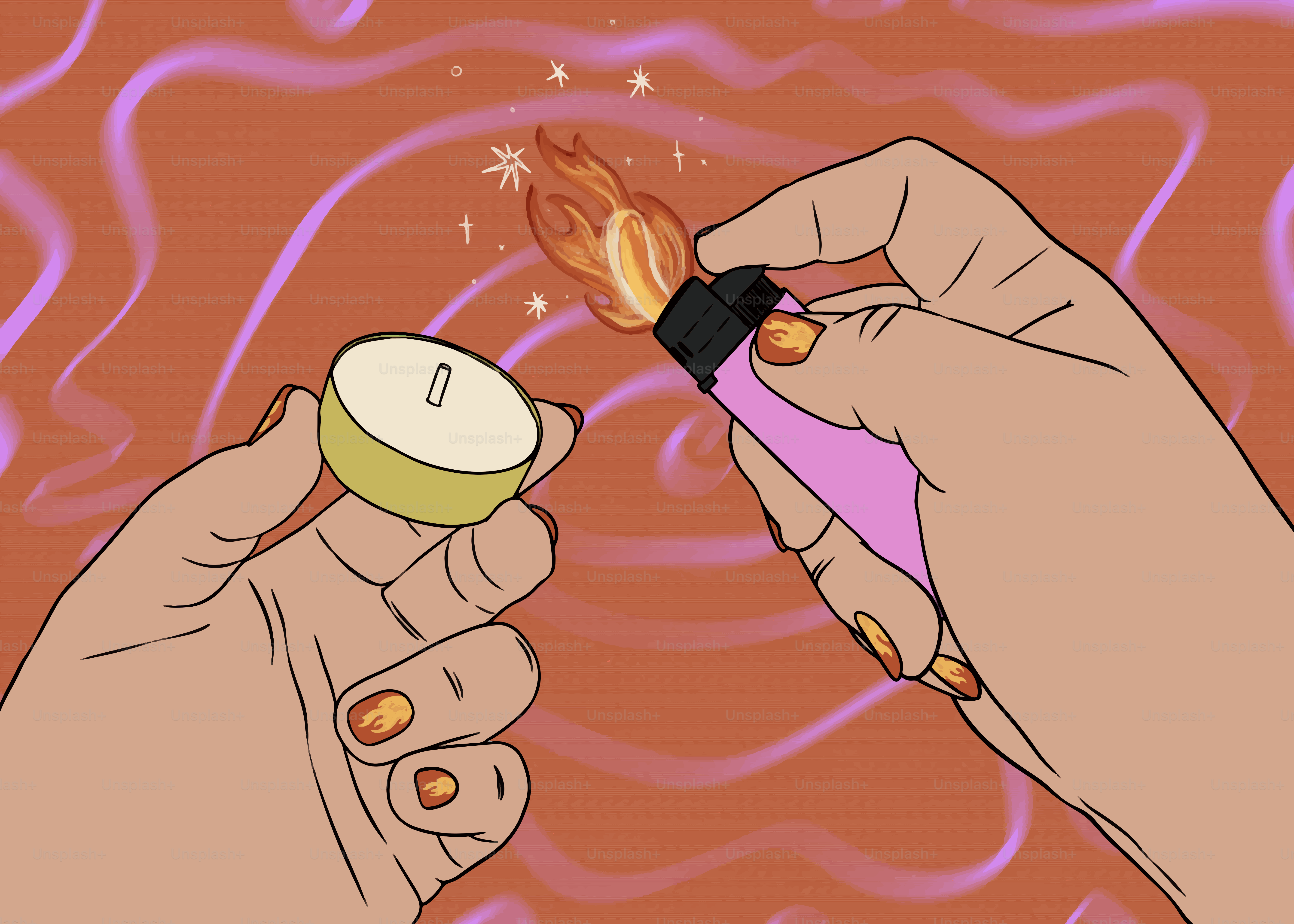 Hands lighting a small candle with a pink lighter.