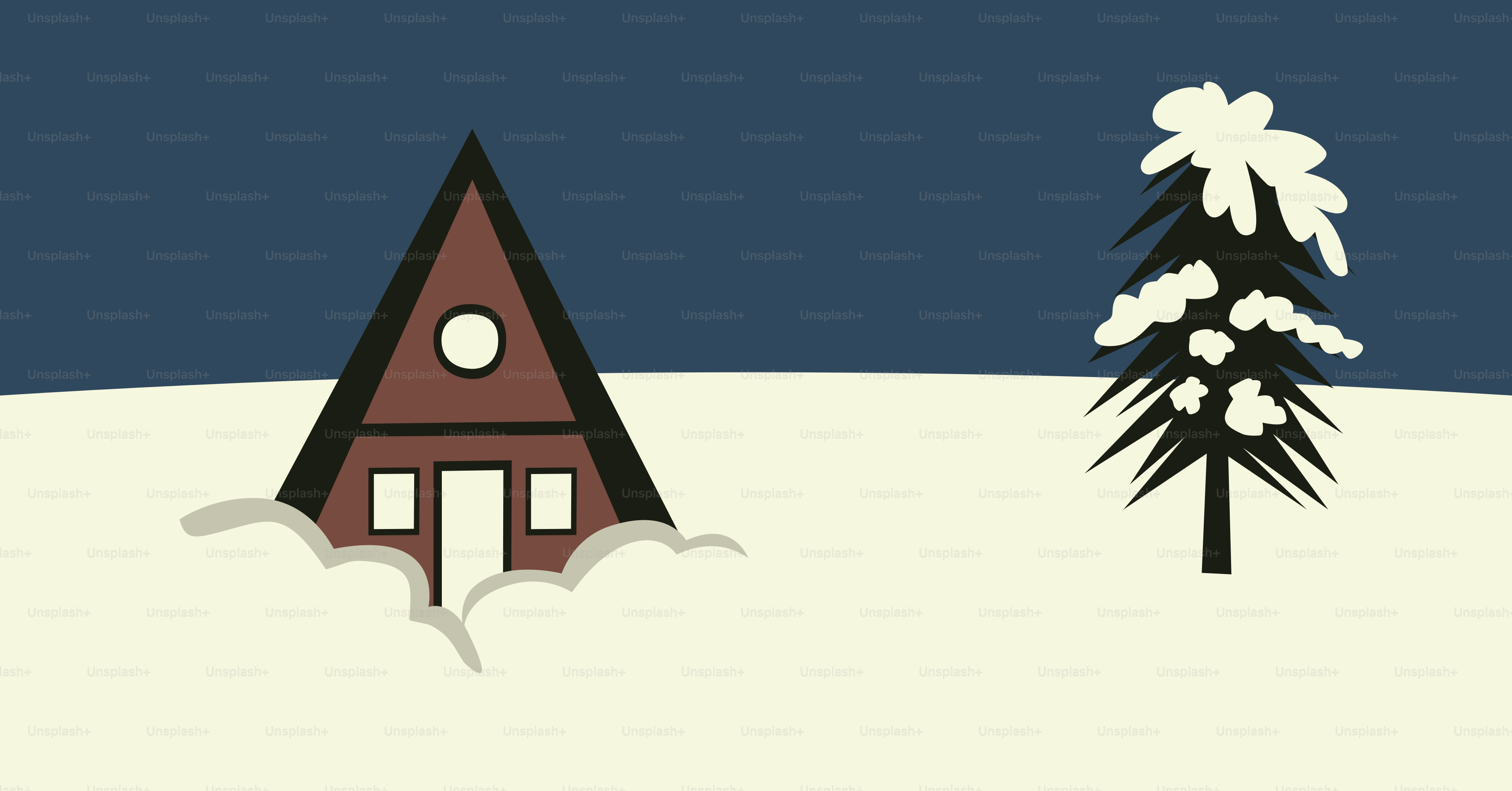 A-frame cabin and snow-covered tree in winter