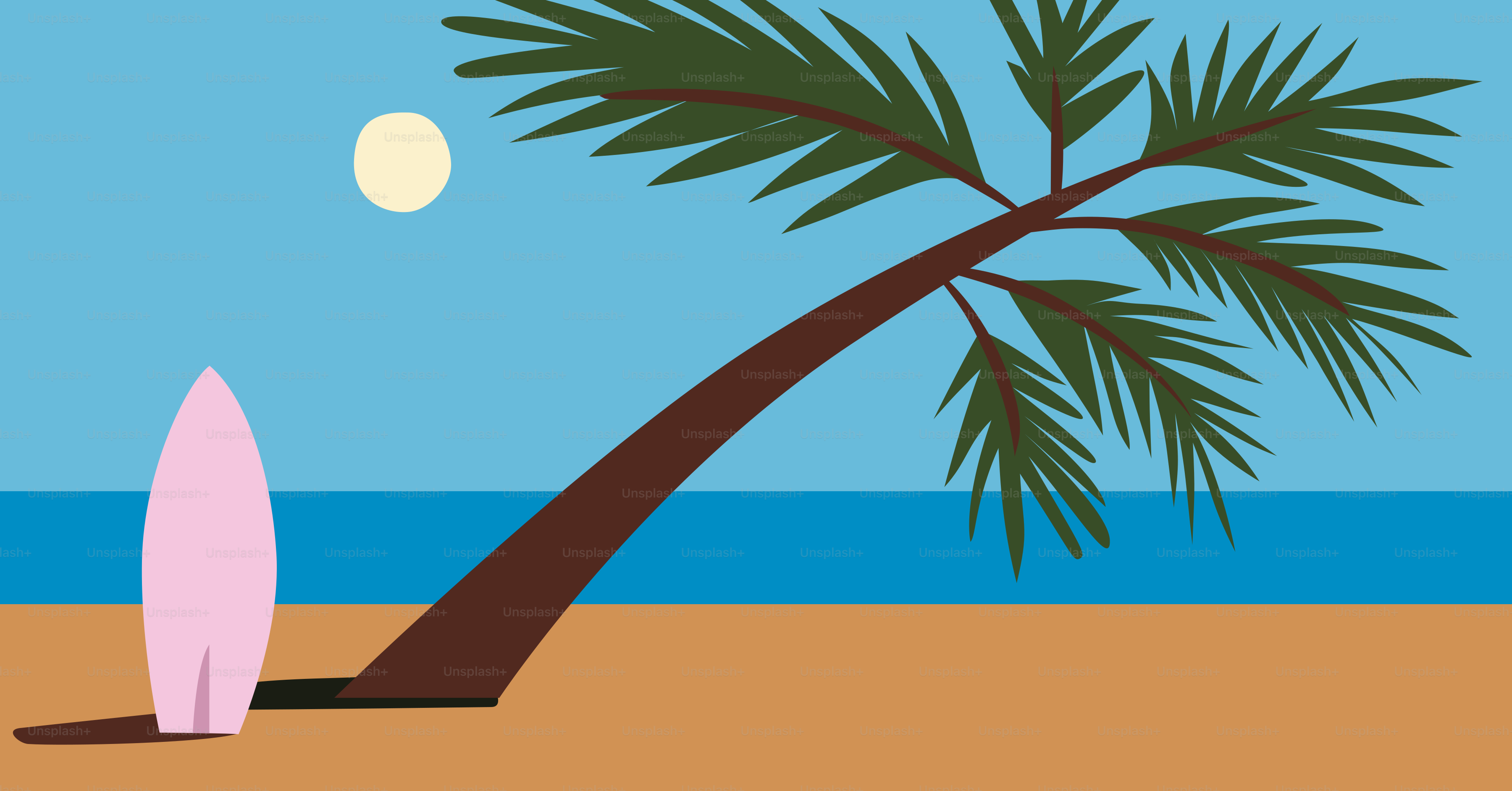 A pink surfboard leans against a palm tree on a beach.