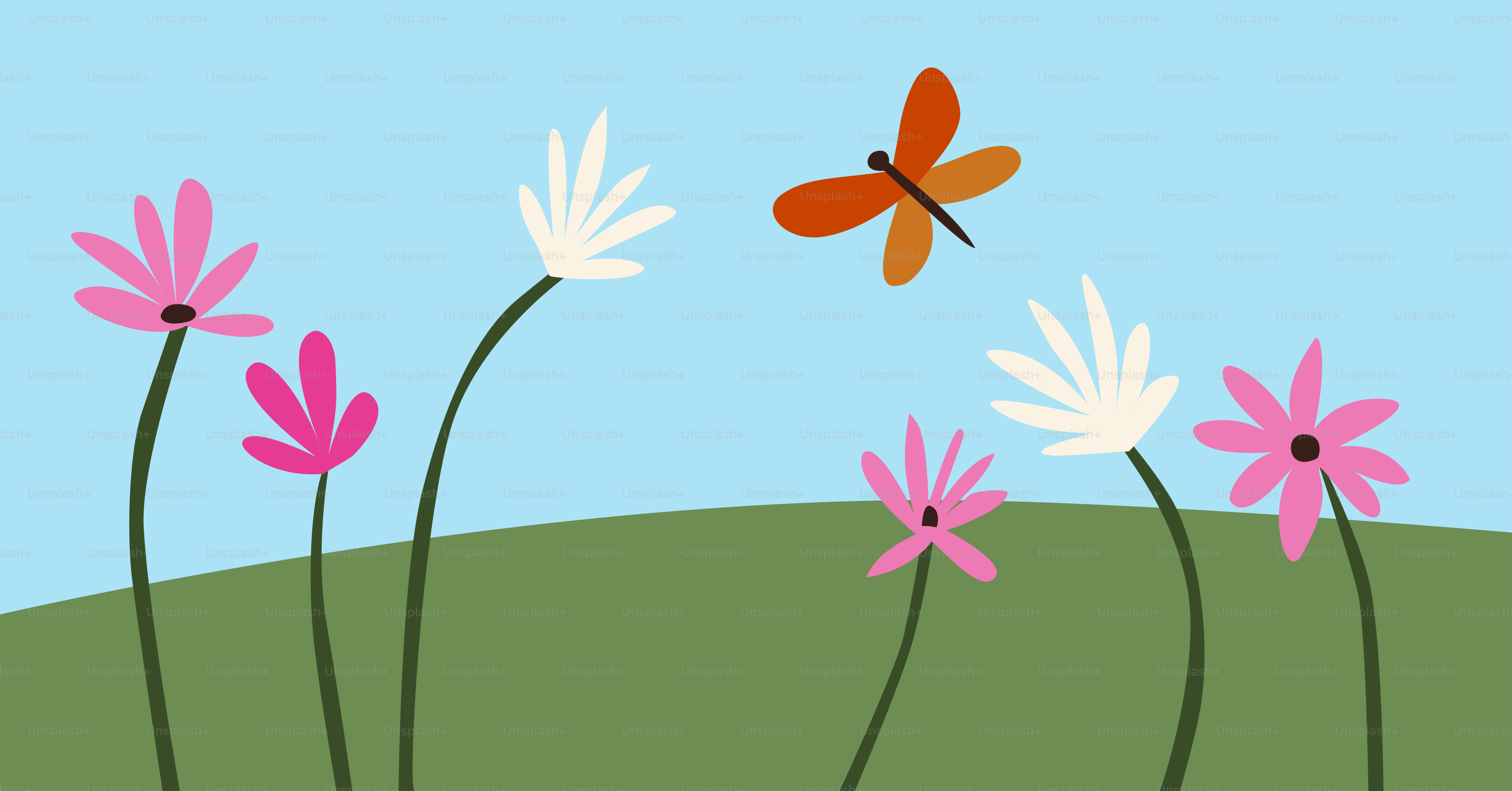 A dragonfly flies over flowers on a hill.