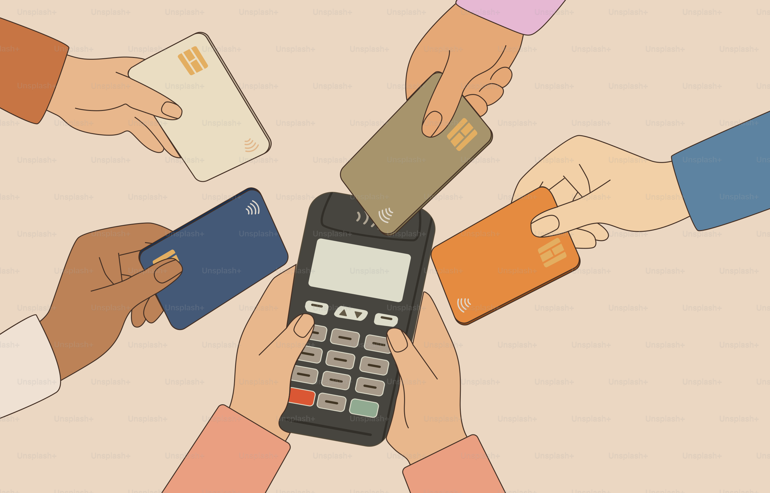 Hands inserting credit cards into payment terminal