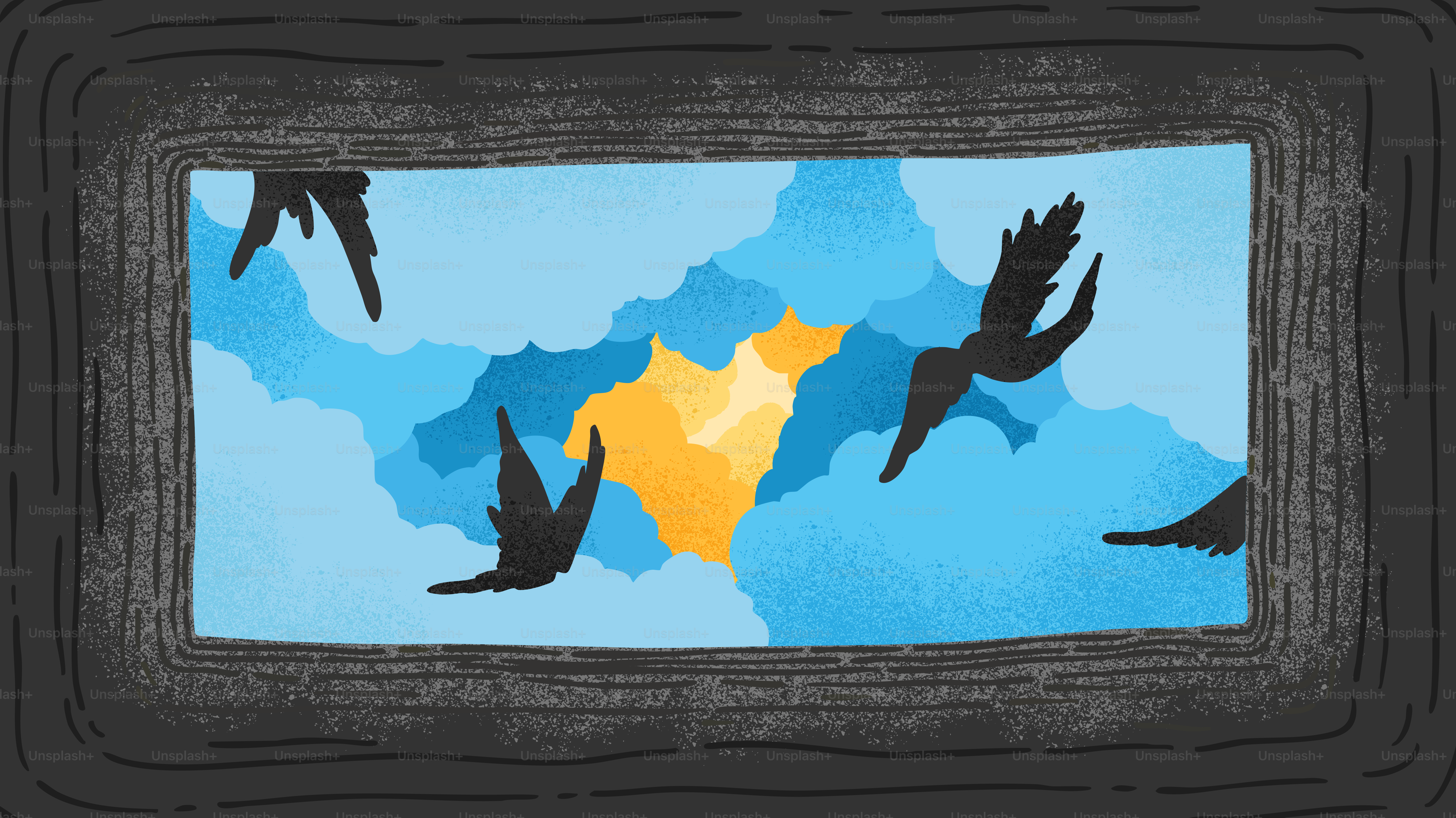 Silhouettes of birds flying through a bright sky.