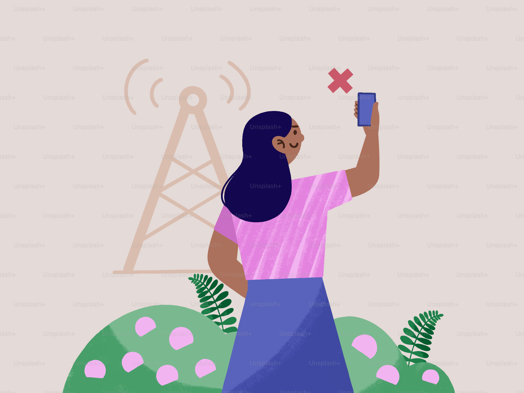 Woman with phone showing no signal near tower