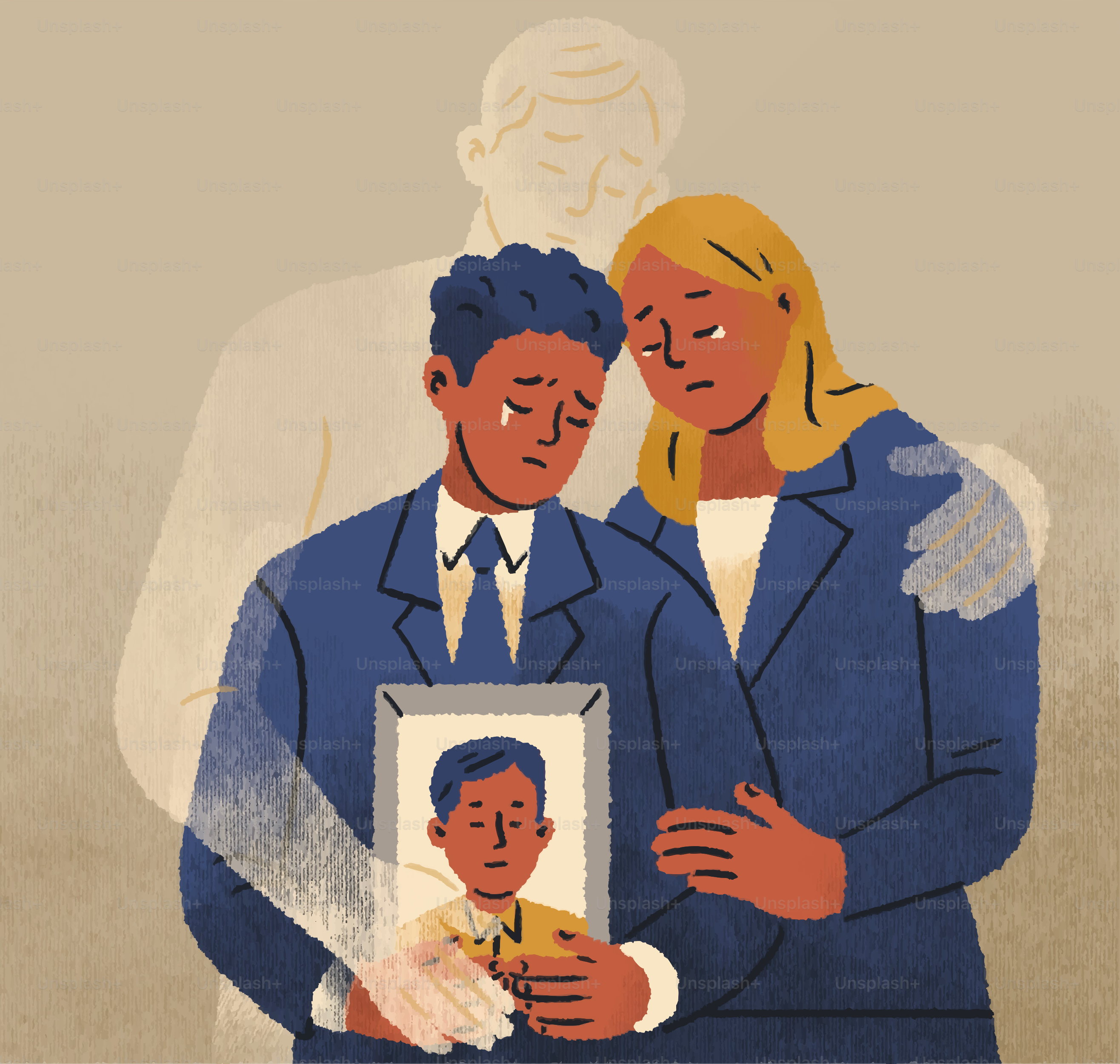 Couple mourning holding a framed portrait of a child