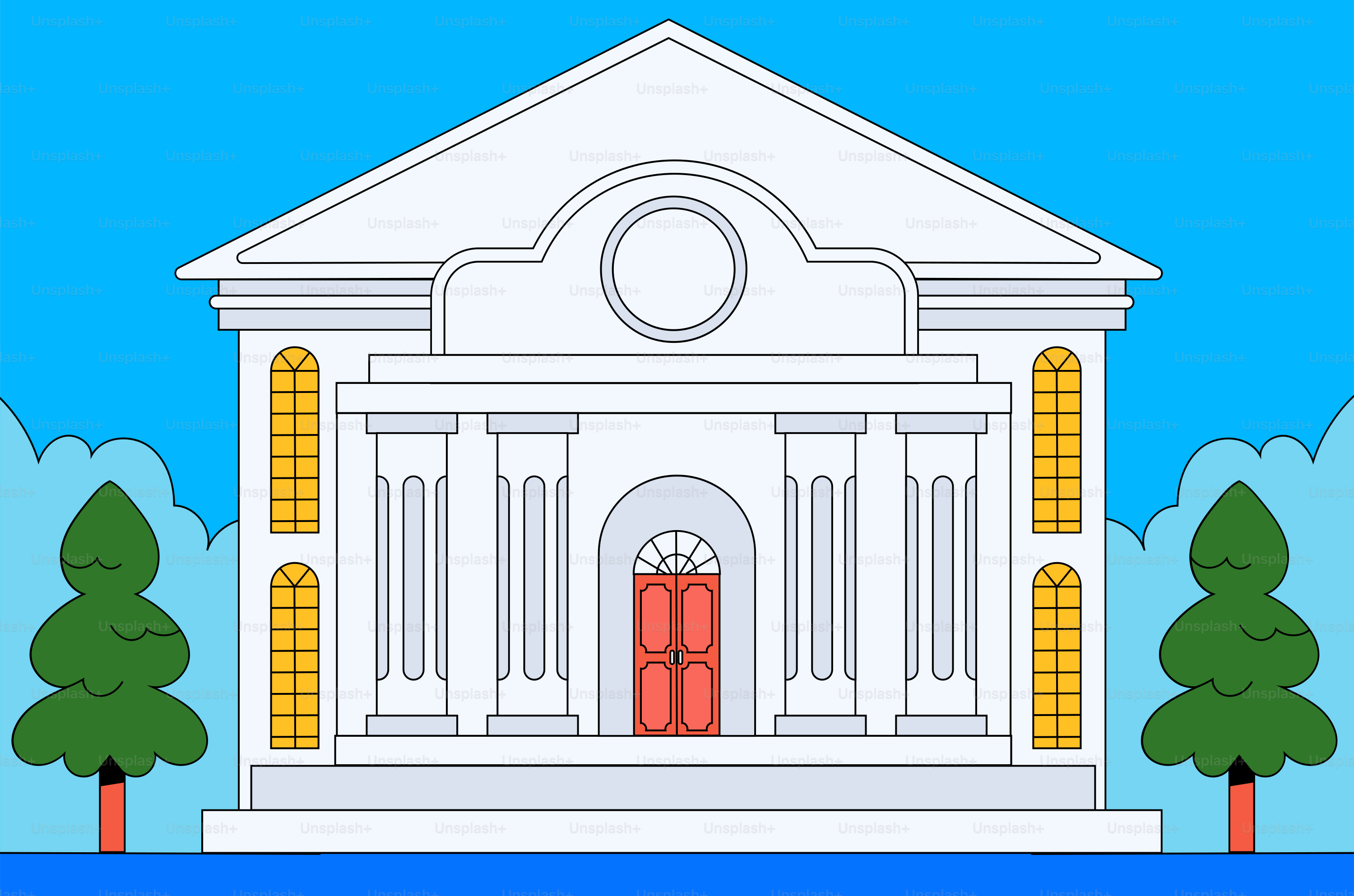 White neoclassical building with red doors and trees.