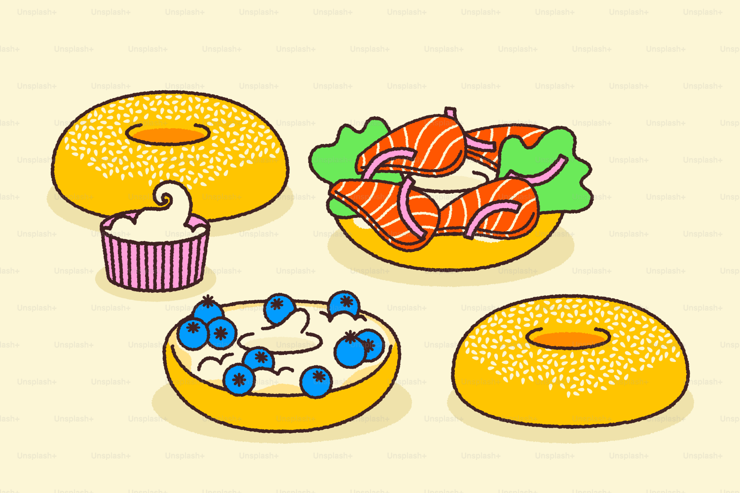 Two bagels, a cupcake, and a bagel sandwich.