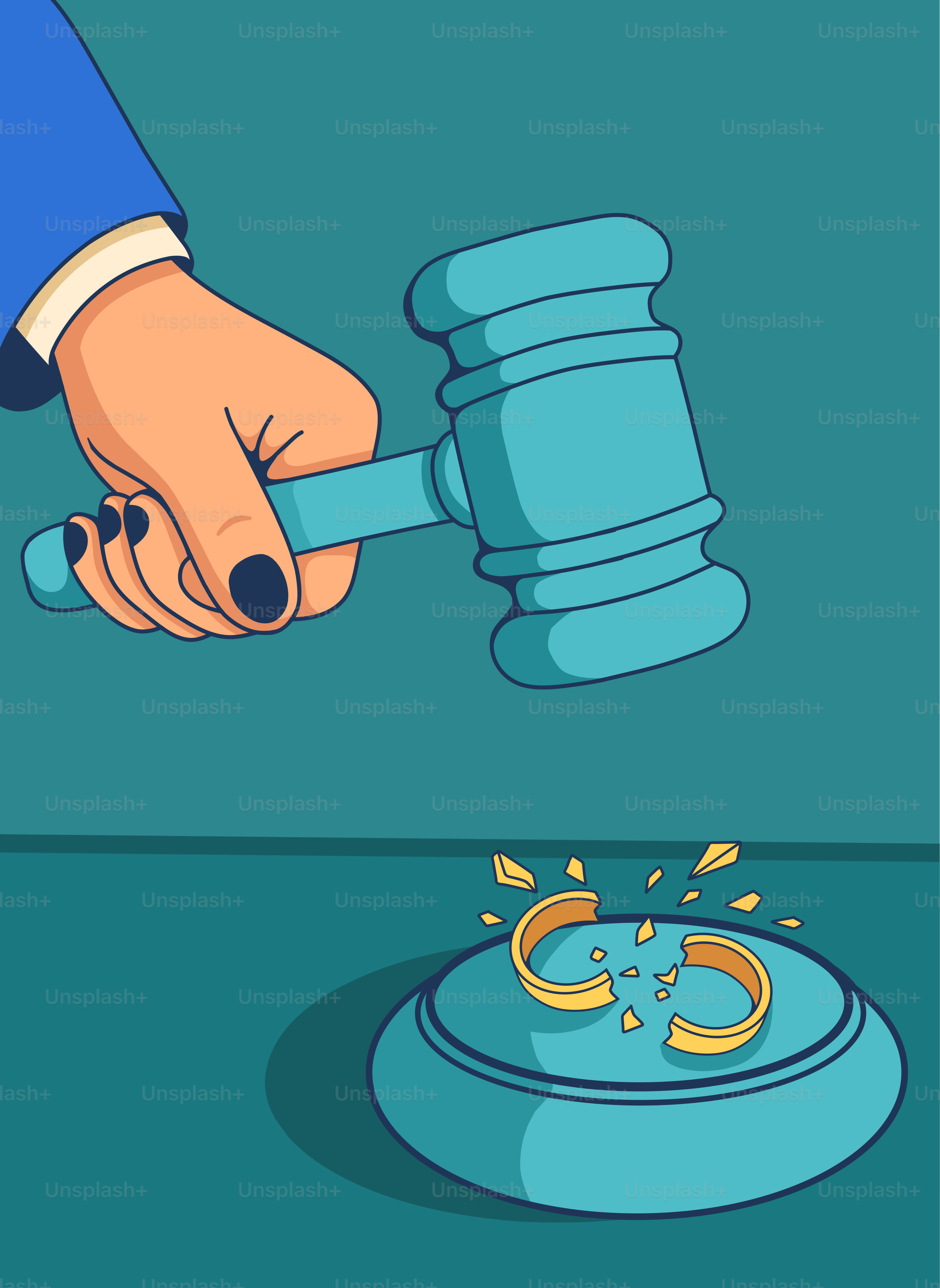 Judge's gavel smashing a broken wedding ring.