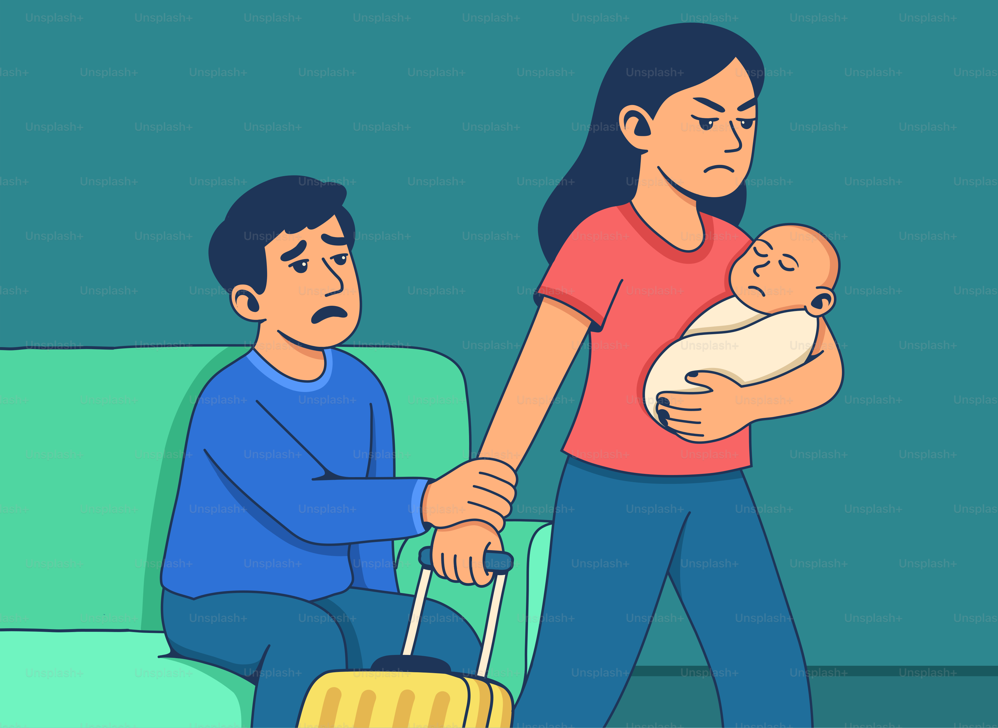 Woman with baby walks away from sad boy.