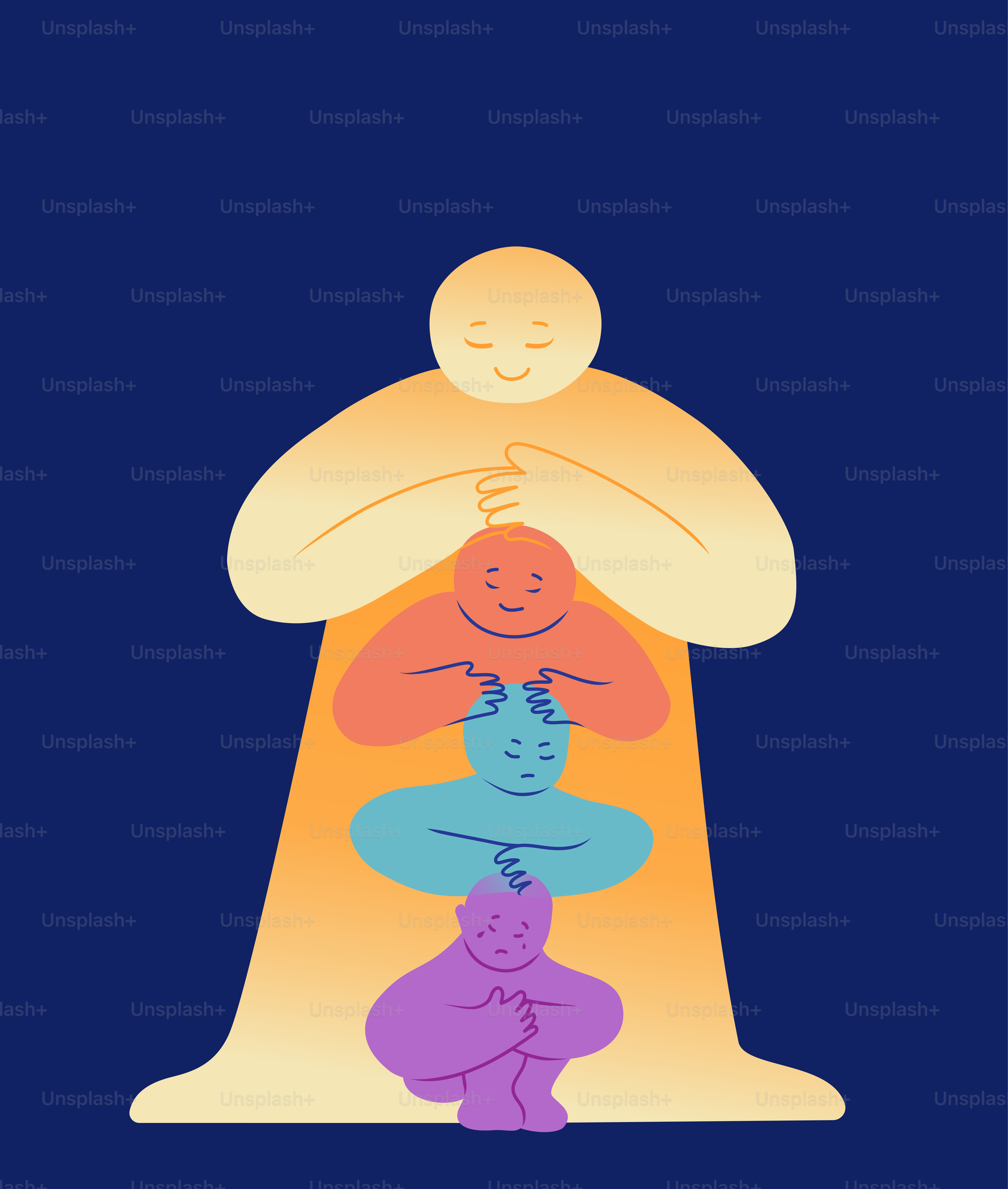 Four figures meditating in a calming gradient of light.