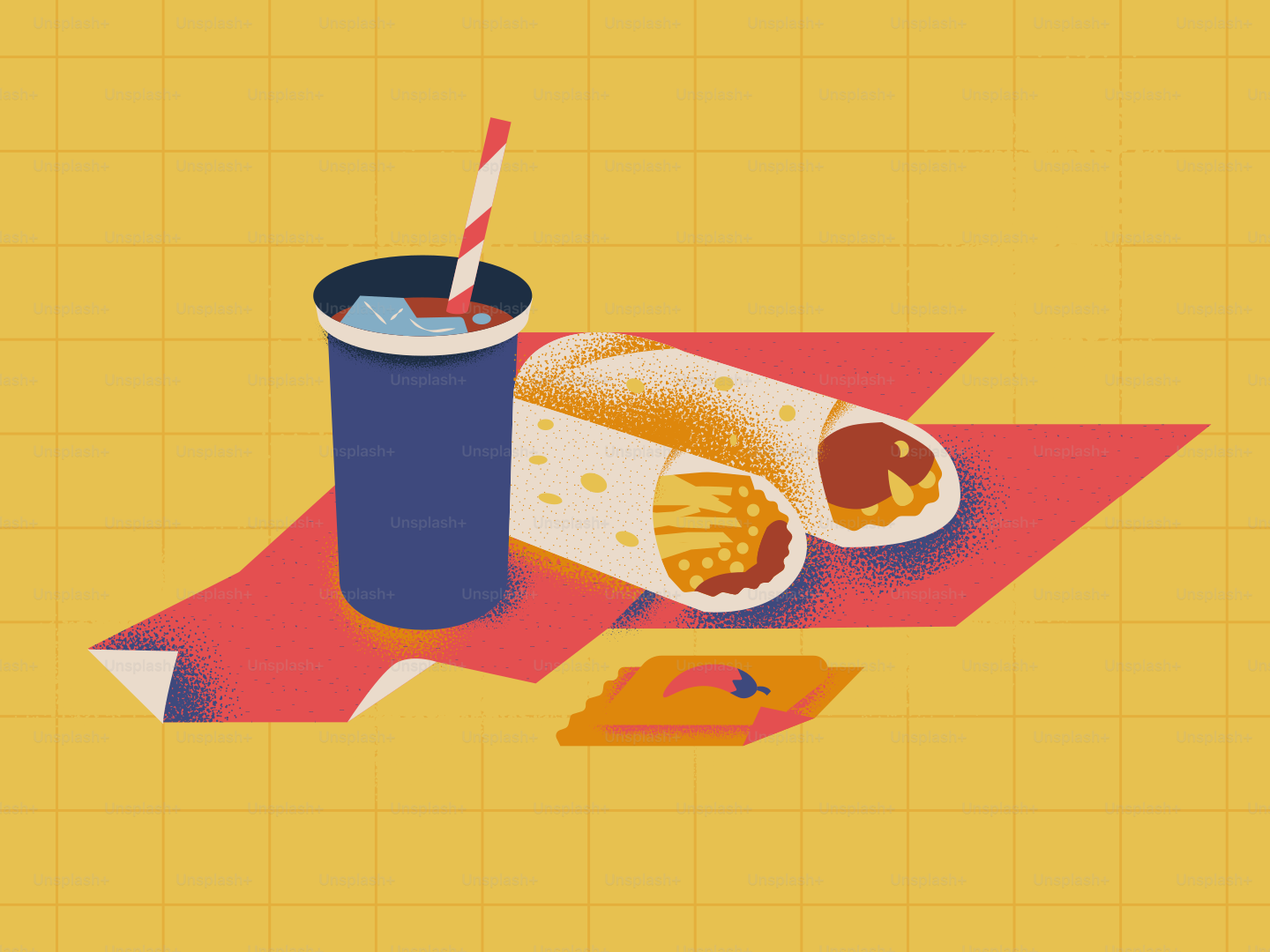 Two burritos and a drink on red paper.